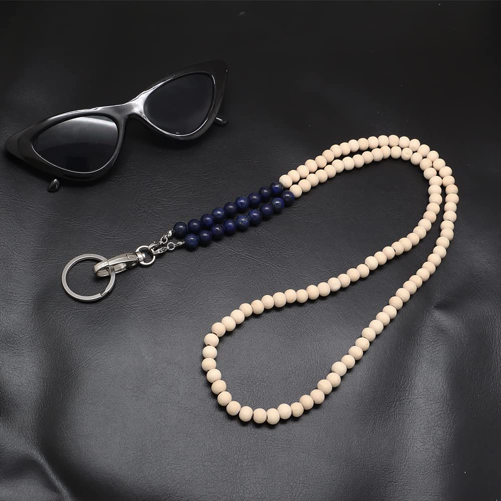 Wooden Beaded Lanyard for ID Badges & Keys - Lapis Lazuli Stone Necklace for Women - Office & Event Use
