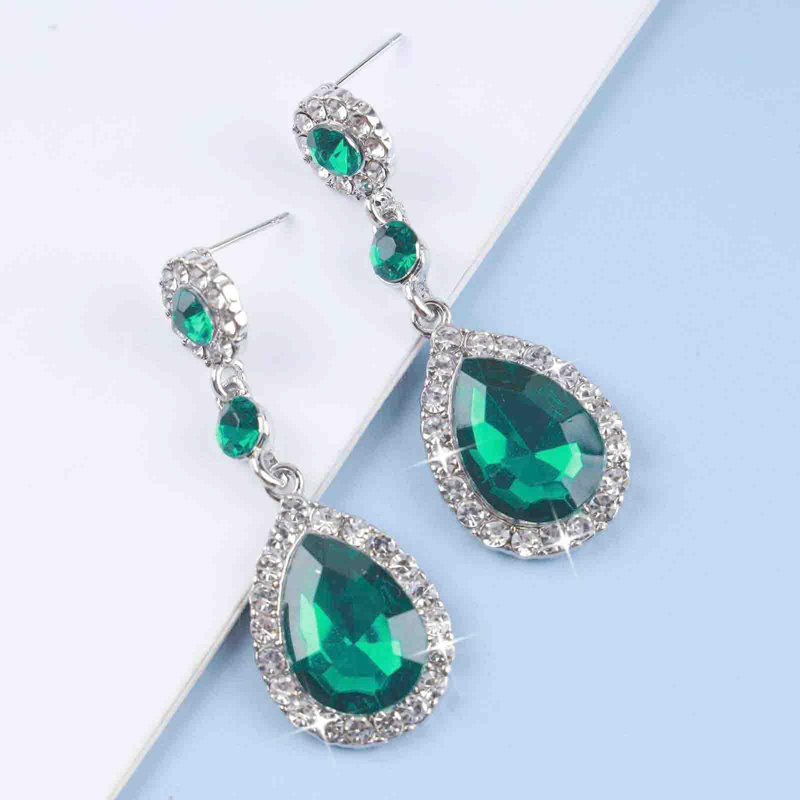 Sparkling Rhinestone Dangle Earrings for Women - Silver CZ Teardrop Drop Crystal Earrings in Emerald Green, Sapphire Blue & Ruby Red | Bridal Wedding Jewelry, Party Accessories & Evening Wear