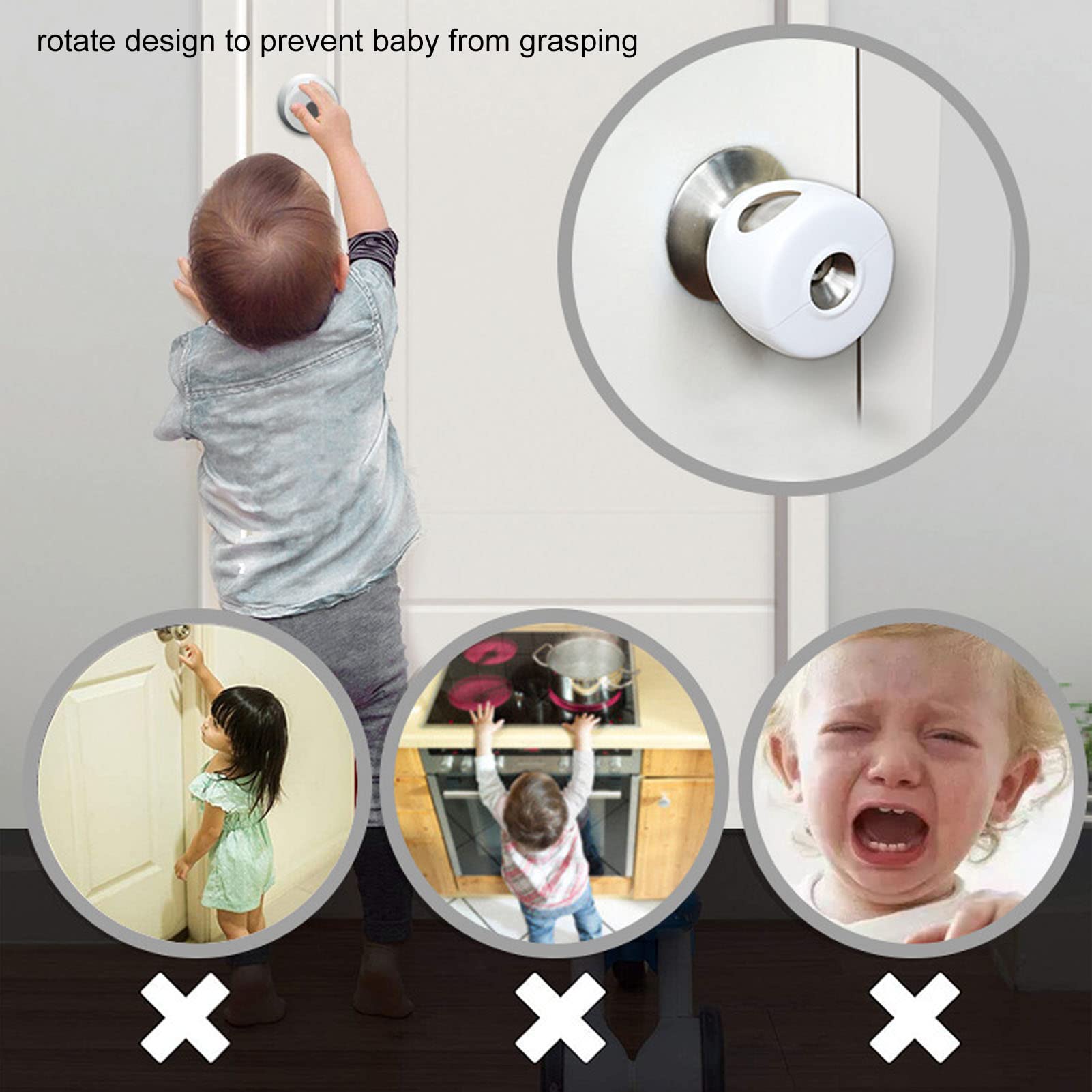 Child Proof Door Knob Covers - 4 Pack Baby Safety Locks for Round Handles | Secure Cabinet & Drawer Protection for Toddlers & Elderly | Home & Office Child Safety Solution