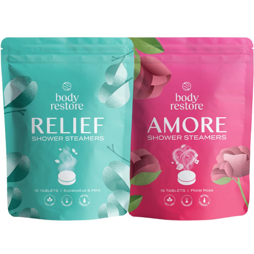 Body Restore Aromatherapy Shower Steamers (30 Pack) - Eucalyptus & Rose Essential Oil Shower Bombs for Stress Relief - Perfect Gifts for Women, Men & Mom - Relaxing Bath Accessories for Spa Night, Self-Care & Stress Relief