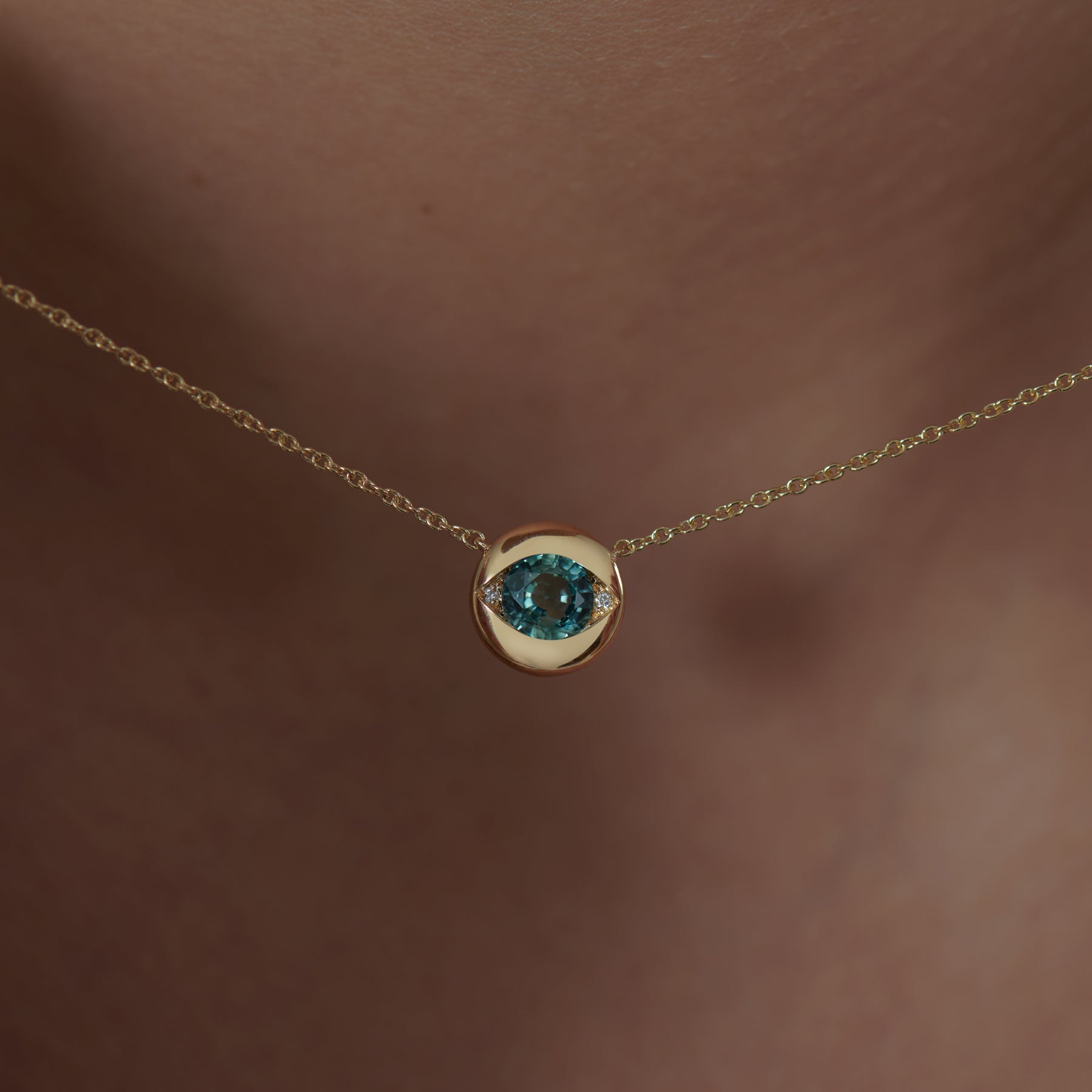 Stunning Ayin Teal Sapphire & Diamond Evil Eye Necklace for Women - Elegant Protection Jewelry for Everyday Wear, Gifts & Spiritual Healing