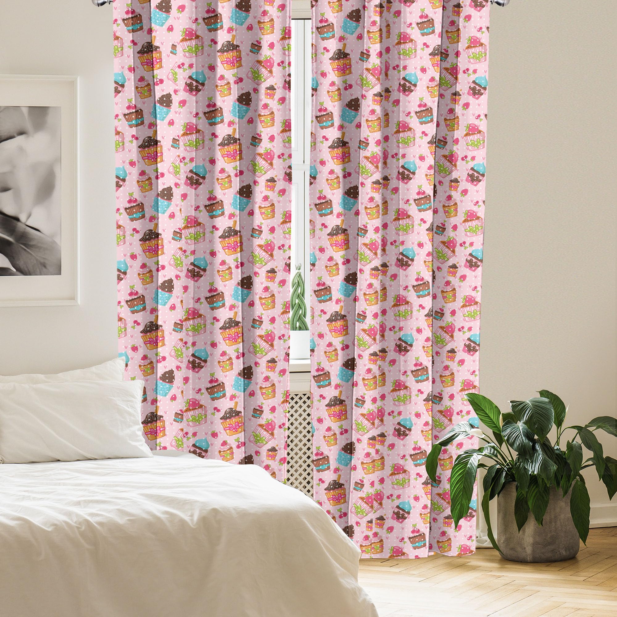 Ambesonne Pink Cupcake Kitchen Curtains - 2-Panel Set with Rod Pocket, 28