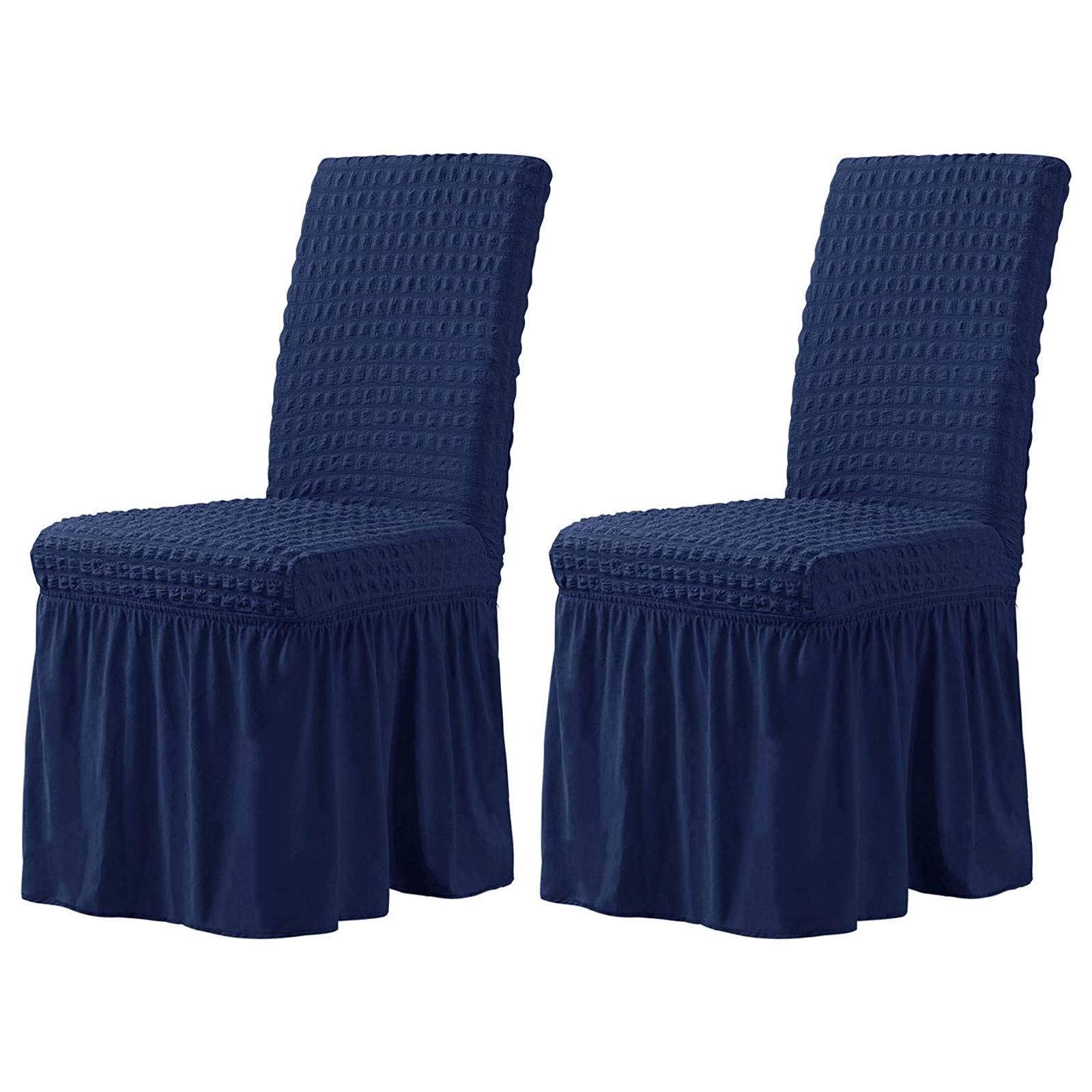 Stretch Seersucker Dining Chair Covers with Skirt - Washable & Removable Kitchen Chair Protectors for Hotel, Restaurant, Dining Room - Navy Blue (2 Pack) - Perfect for Home, Office, and Event Decor