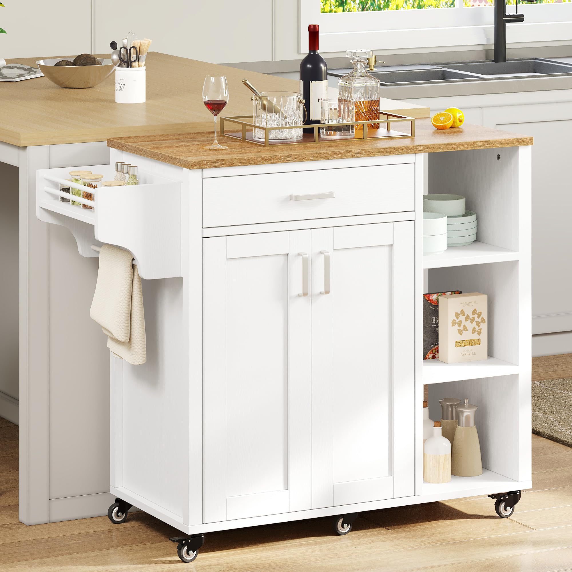 YITAHOME White Kitchen Island Cart with Storage - Rolling Mobile Kitchen Island with Drawers, Open Shelves, Wine Rack & Spice Rack - Perfect for Small Kitchens, Dining Rooms & Apartment Cooking Spaces