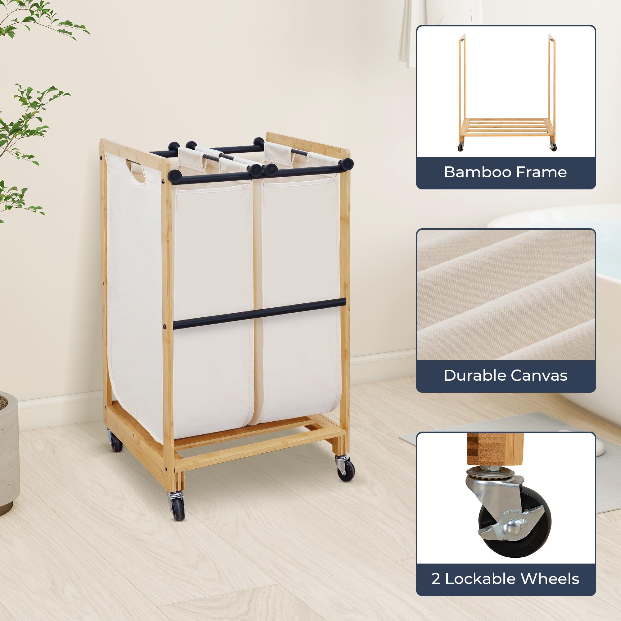 STO 2-Section Bamboo Frame Laundry Sorter with Lockable Wheels - Removable Bag Rolling Laundry Hamper Cart for Clothes Storage - Perfect for Laundry Room, Bedroom & Dorm Organization (Beige)
