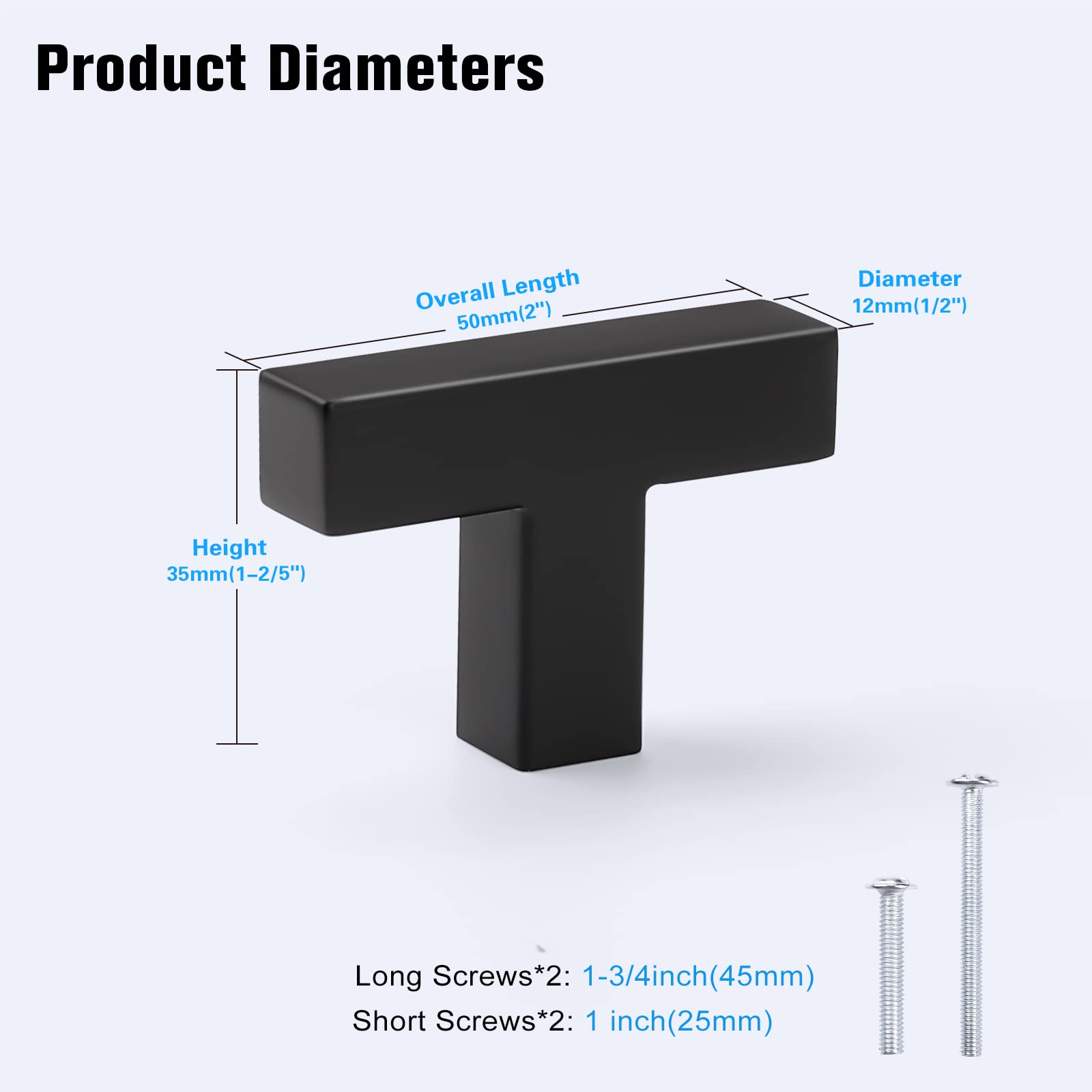 KNOBWELL 12 Pack Matte Black Cabinet Knobs - Stainless Steel T Bar Drawer Pulls for Kitchen & Bathroom - Single Hole 2