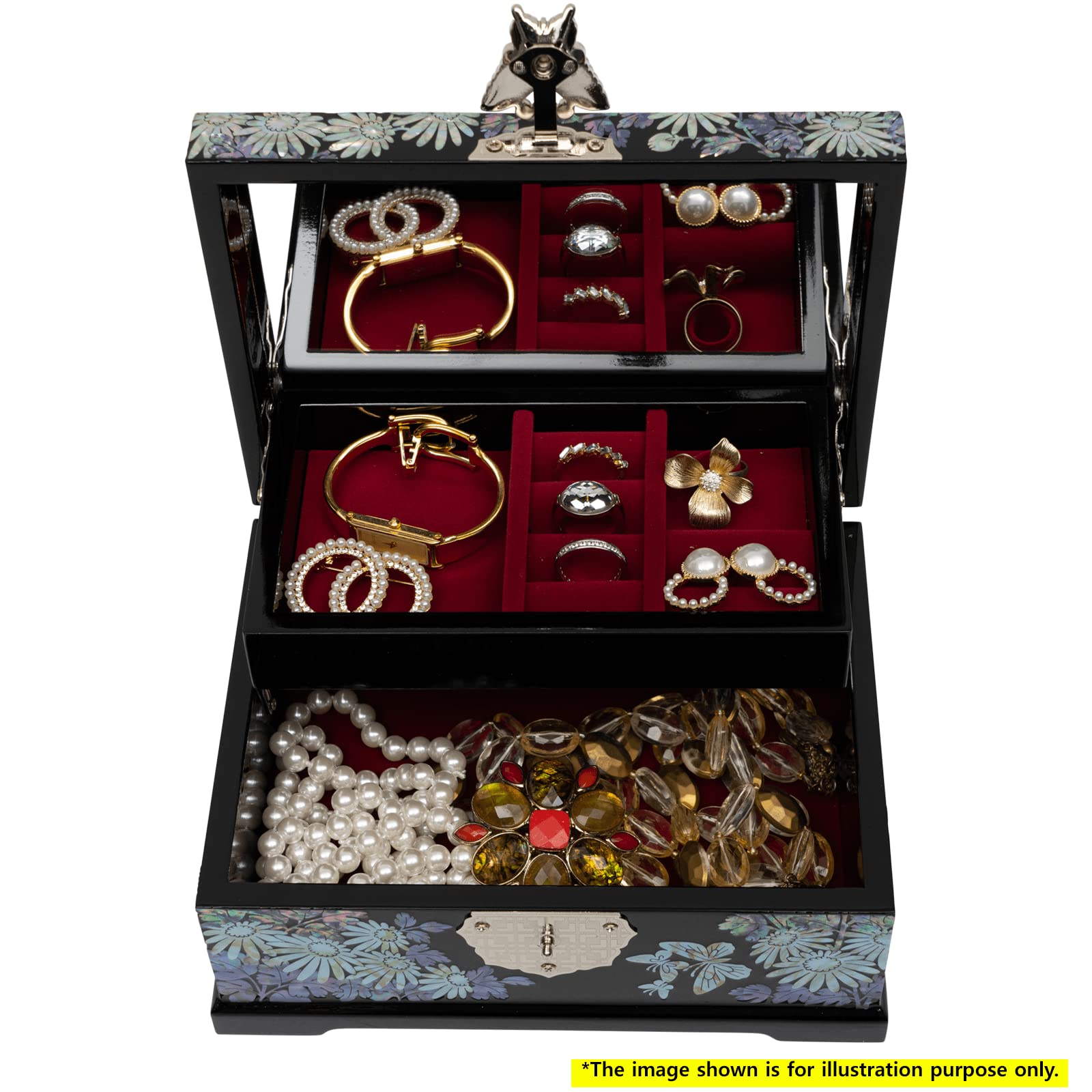 February Mountain Mother of Pearl Jewelry Box - 2 Layer Jewelry Organizer for Earrings, Rings, Necklaces, Bracelets & Watches | Perfect Gift for Women, Birthday, Anniversary, Valentine's Day (Siberian Chrysanthemum with Butterflies Design) | Elegant Storage for Dresser, Vanity or Travel