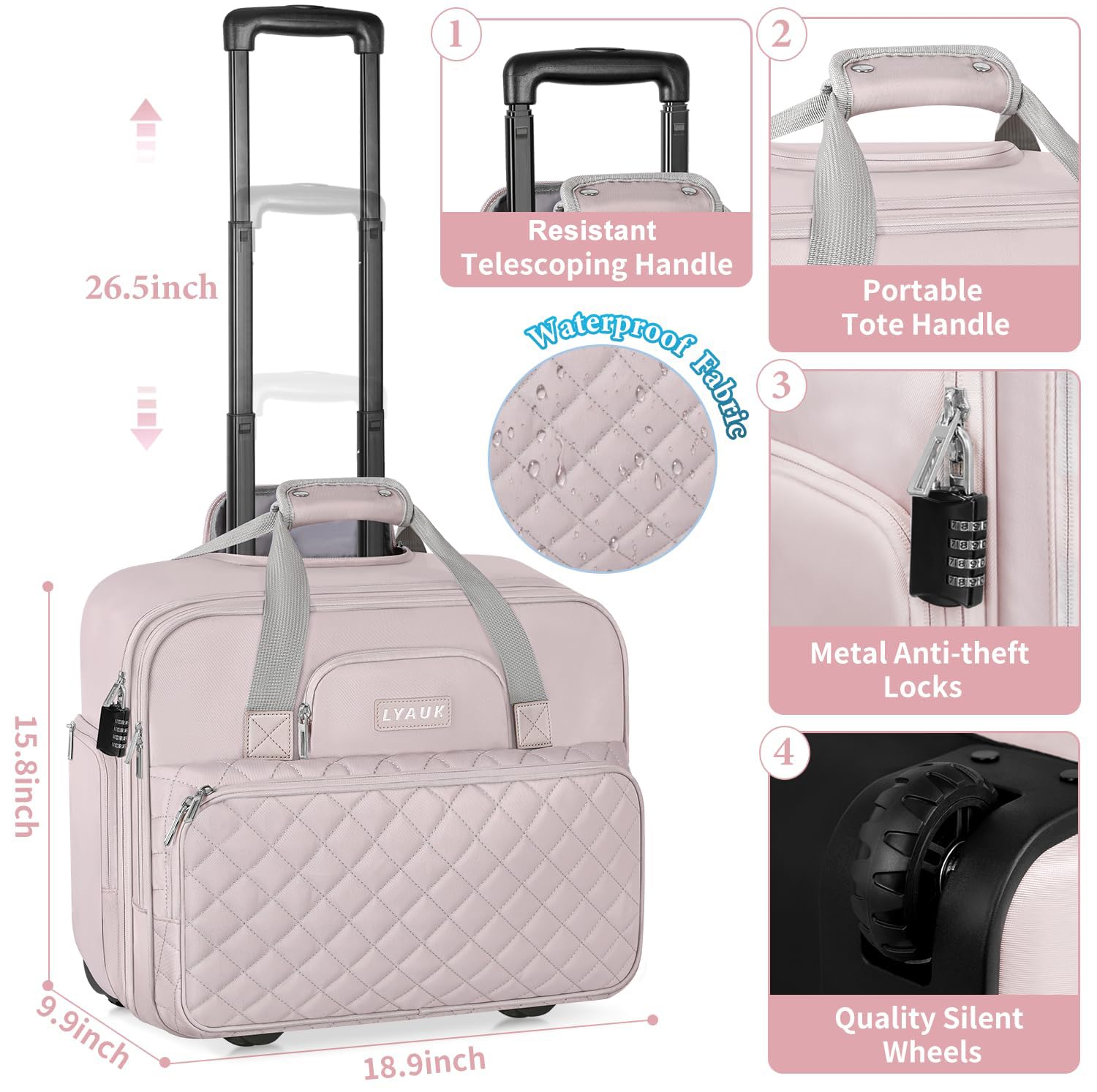 17.3 Inch Rolling Laptop Bag for Women - Anti Theft Water Resistant Rolling Briefcase with Wheels - Pink Carry On Computer Bag for Travel, Work & Business - Perfect for Airplane, Office Commute & Business Trips