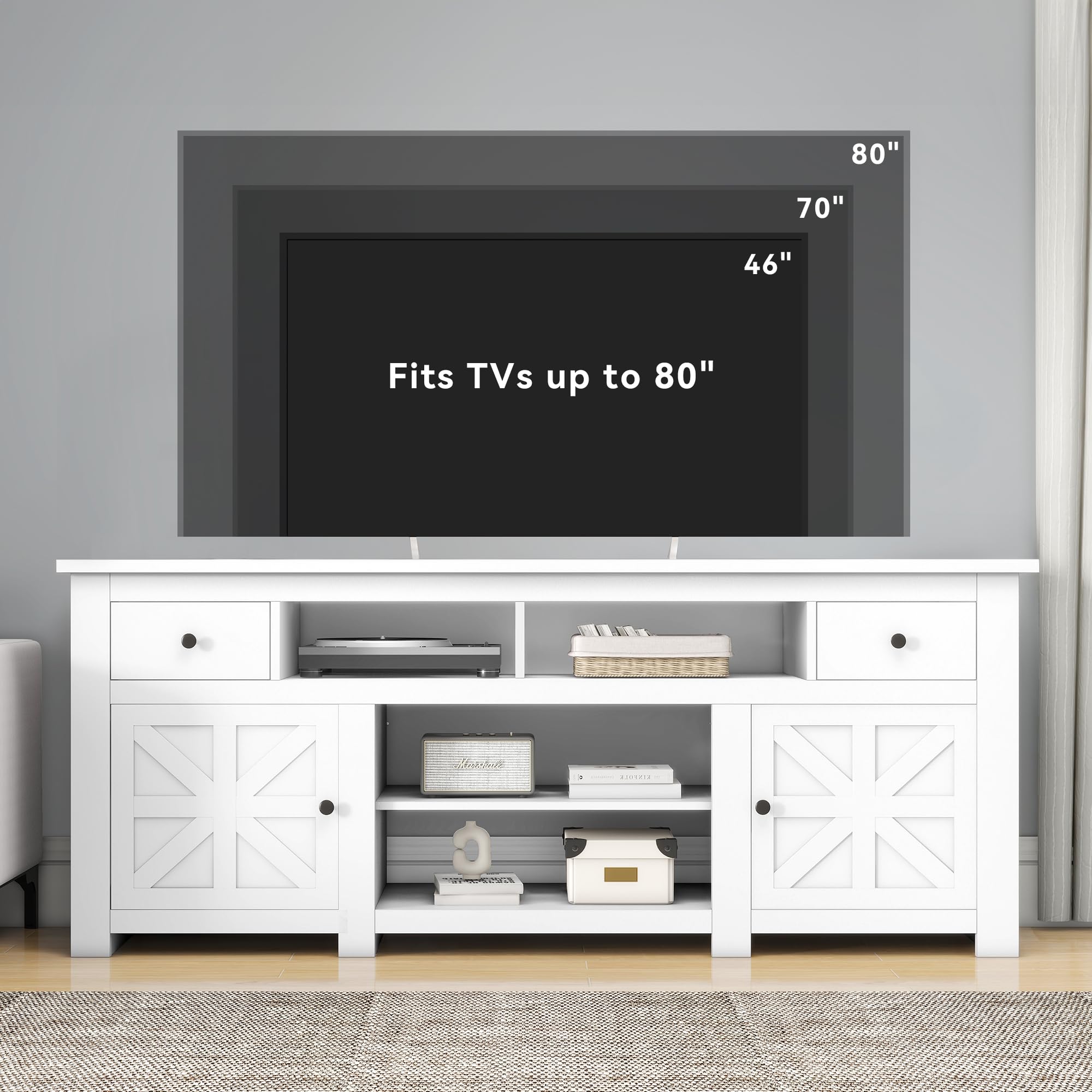 Rustic Farmhouse TV Stand for 75-80 Inch TVs - Entertainment Center with Storage Drawer & Built-in Power Outlet - White Media Console Furniture (70
