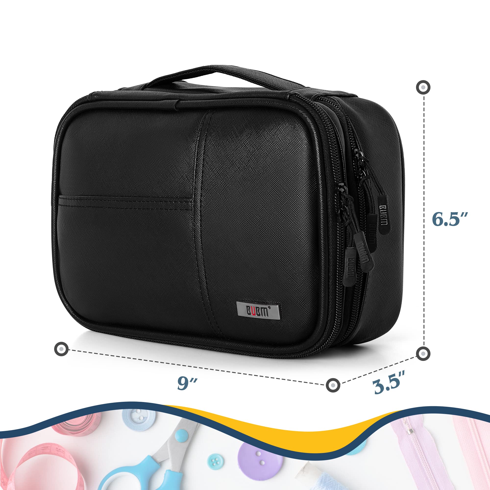BUBM Double Layer Sewing Organizer with Detachable Dividers - PU Black Sewing Supplies Storage Bag for Needles, Threads & Notions | Perfect for Home Sewing, Quilting & Craft Projects
