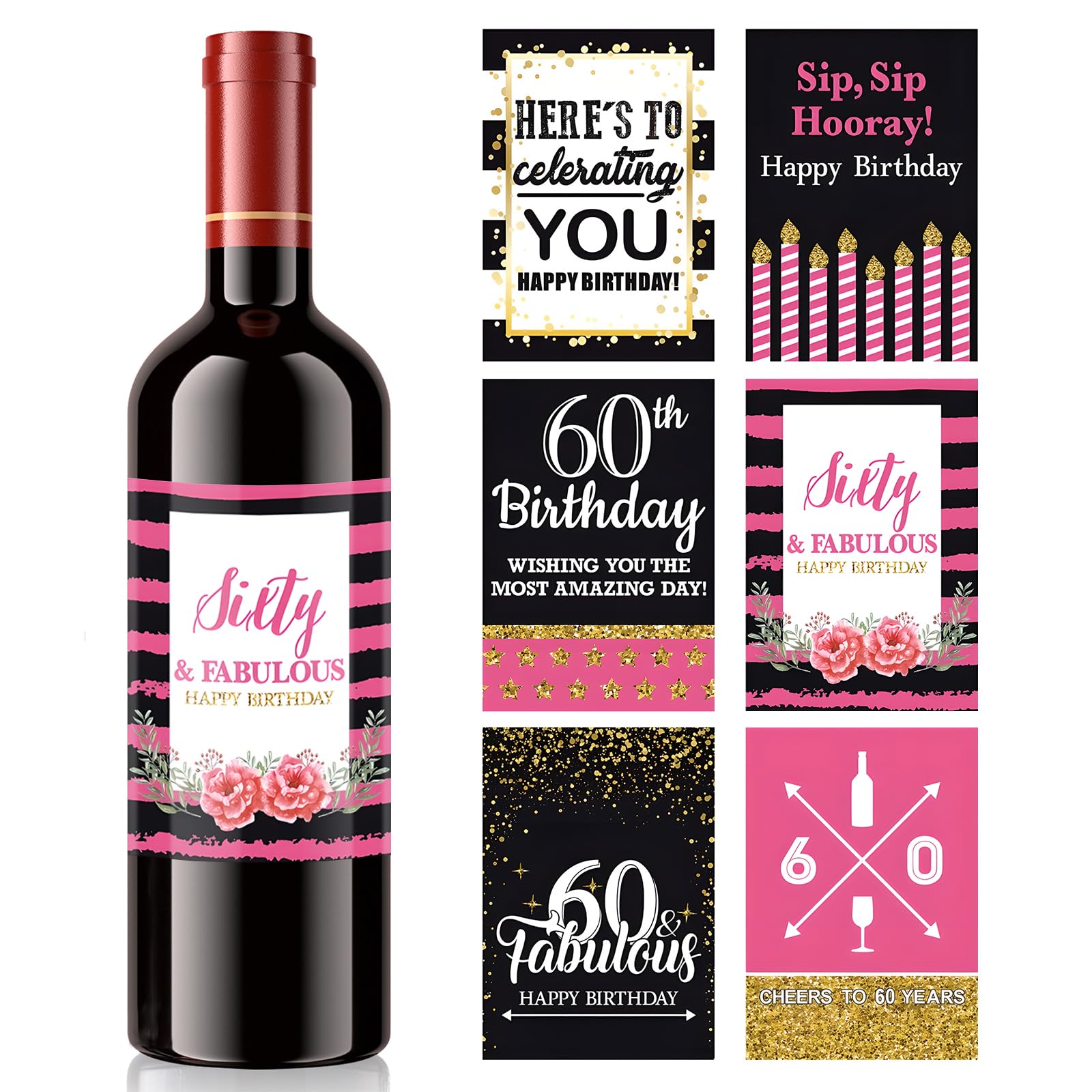 VIDELLY 12-Pack Custom 60th Birthday Wine Bottle Labels - Personalized Waterproof Stickers for Women, Black Gold & Pink Party Decor - Perfect for Milestone Celebrations, Retirement Gifts & Anniversary Parties