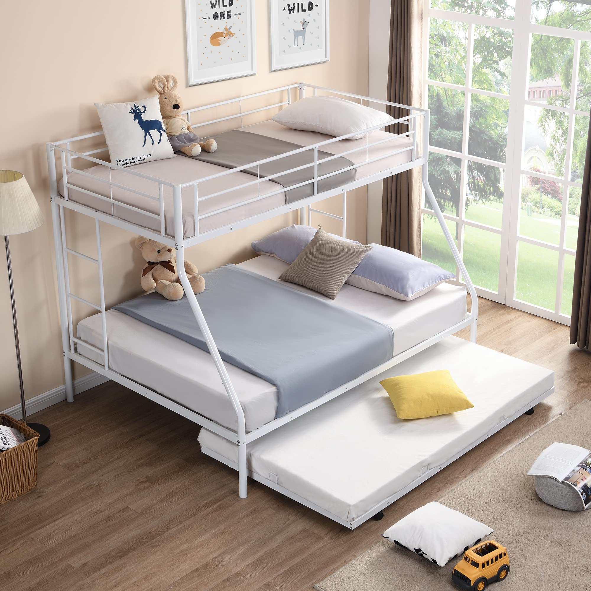 Twin Over Full Bunk Beds with Trundle - Sturdy Metal Bunk Bed Frame with Safety Rails & Ladder for Kids, Teens & Adults - Space-Saving Bedroom Solution for Small Rooms, Guest Rooms & Dormitories