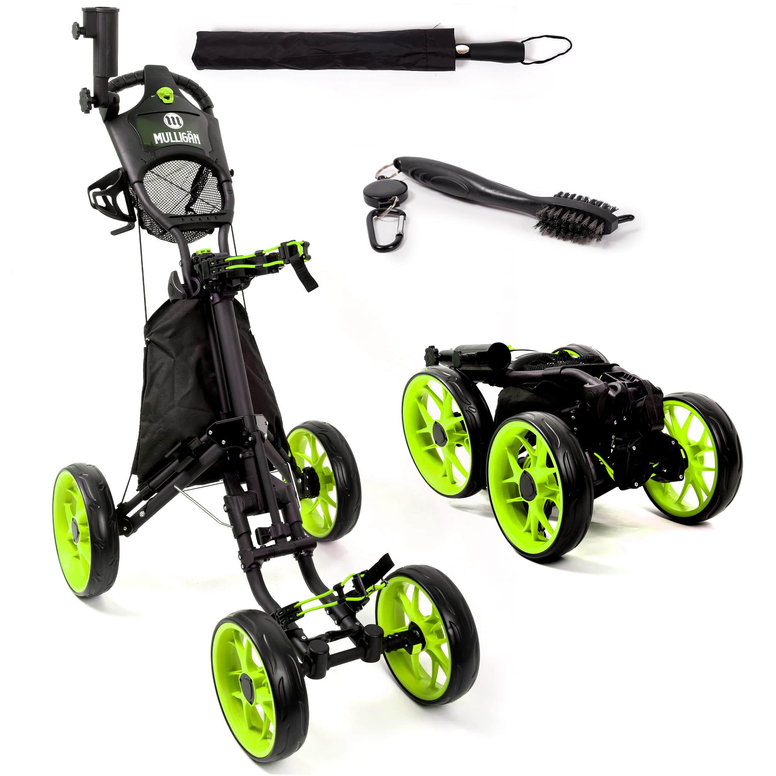 **MULLIGÄN 4 Wheel Golf Push Cart - Foldable Golf Caddy with Quick Release Wheels, Height-Adjustable Handle, Club Brush, Umbrella Holder, Cooler Bag & Drink Holder - Perfect for Golf Courses & Outdoor Practice**