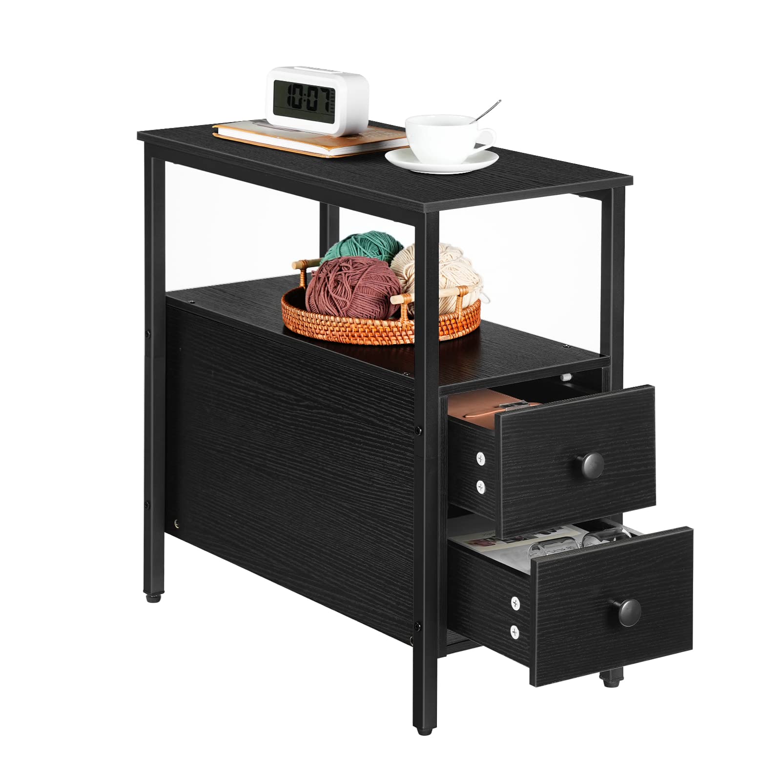 HOOBRO 2-Piece End Table Set with 2 Drawers & Open Shelves - Narrow Nightstand for Small Spaces, Wood Look Accent Table in Black (BK54BZP201G2) - Perfect for Living Room, Bedroom, or as Recliner Side Table