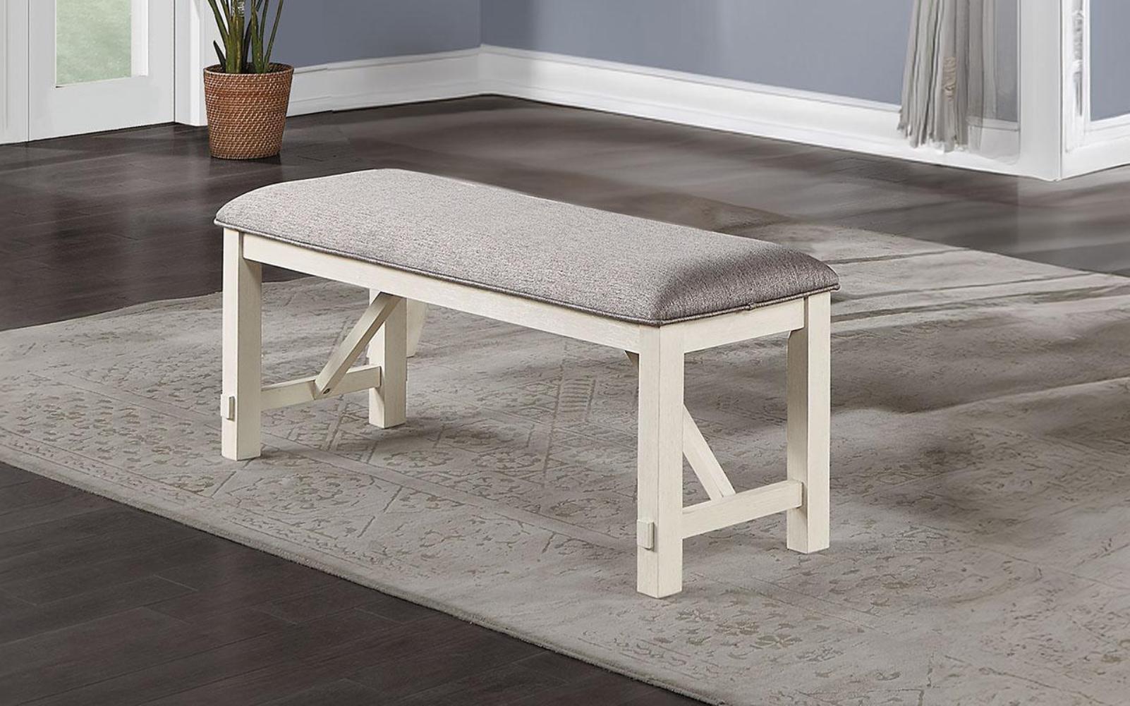 Gray Fabric Cushion Bench with White Clean Lines - Modern Dining Room Furniture for Kitchen, Entryway, and Bedroom Seating