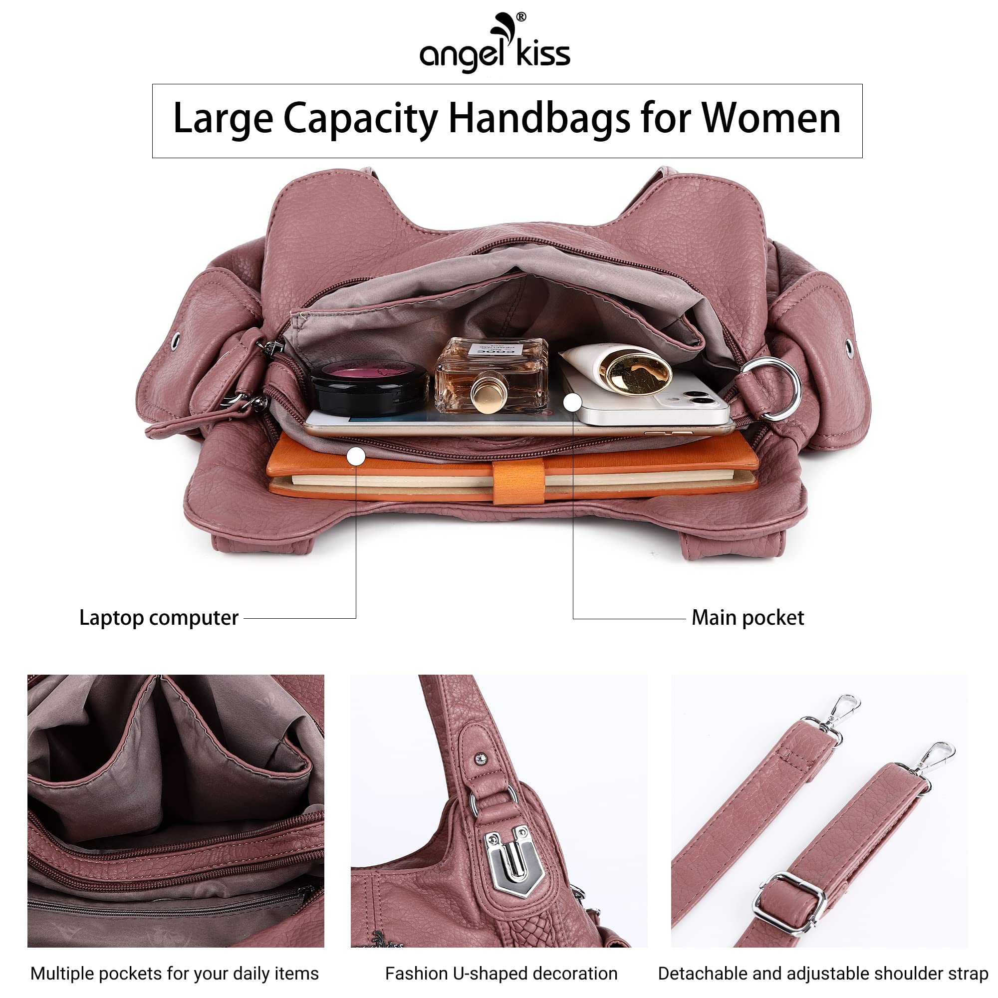 Angelkiss Women's Vegan Leather Crossbody Hobo Satchel Shoulder Tote Purse - Stylish & Durable Handbag for Work, Travel & Everyday Use