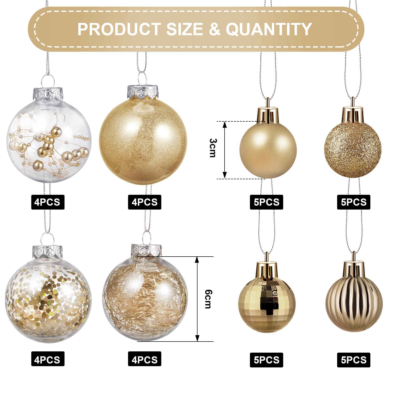 Christmas Tree Ornaments Set - 37 Pcs Champagne Gold Star Baubles & Plastic Tree Topper for Holiday Decor | Indoor & Outdoor Xmas, Birthday Party, Home, Office Decoration