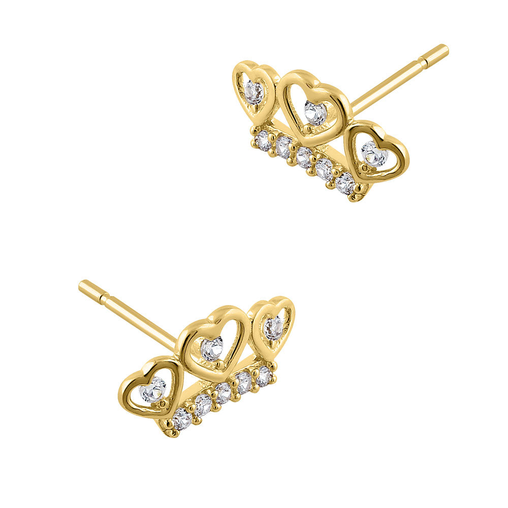 14K Yellow Gold Heart Crown CZ Stud Earrings for Women - Elegant Cubic Zirconia Jewelry Gift for Valentine's Day, Anniversary & Special Occasions