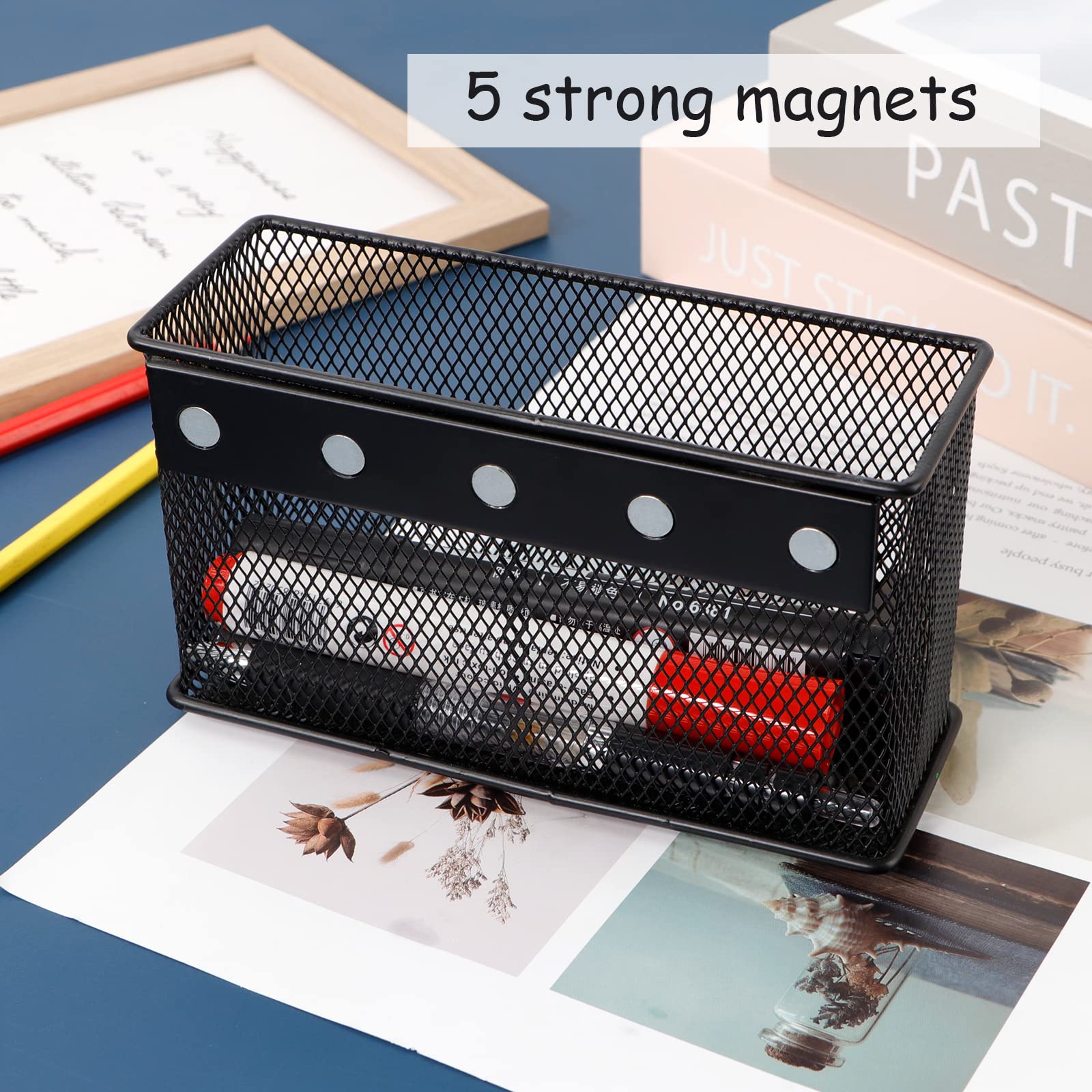 Black Magnetic Mesh Storage Basket Organizer with 5 Strong Magnets - 6.29'' × 2.28'' × 3.54'' Magnetic Pen Holder for Refrigerator, Locker, Whiteboard & Office Organization | Perfect for Kitchen, Bathroom, Dorm & Workspace Storage