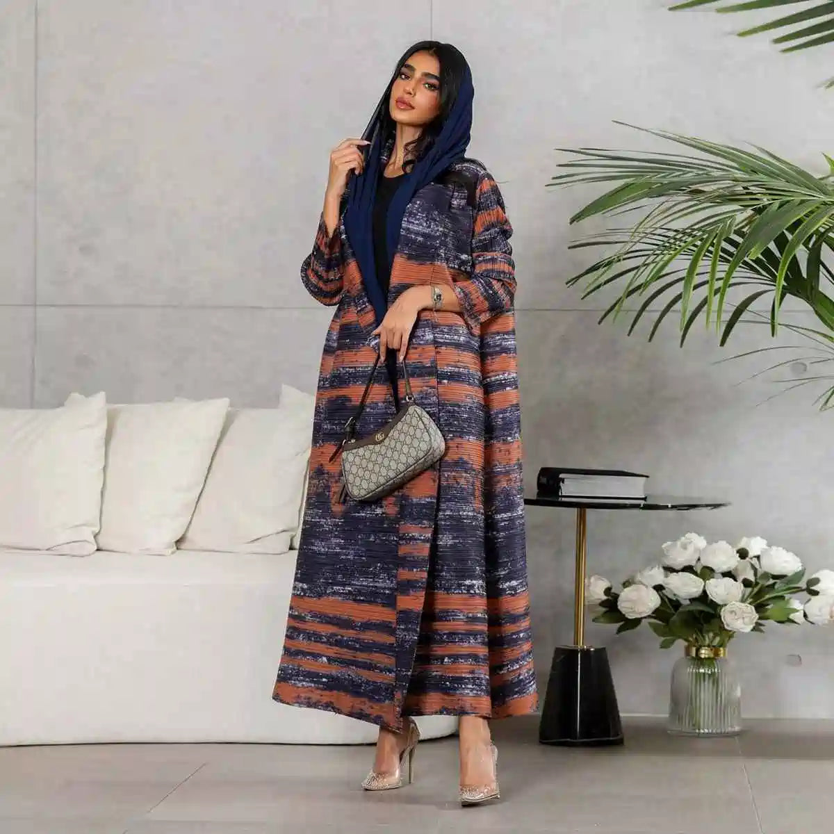 Elegant Pleated Sleeve Printed Cardigan Open Abaya Dress #25175 - Modest Fashion for Women, Perfect for Prayer, Special Occasions & Everyday Wear