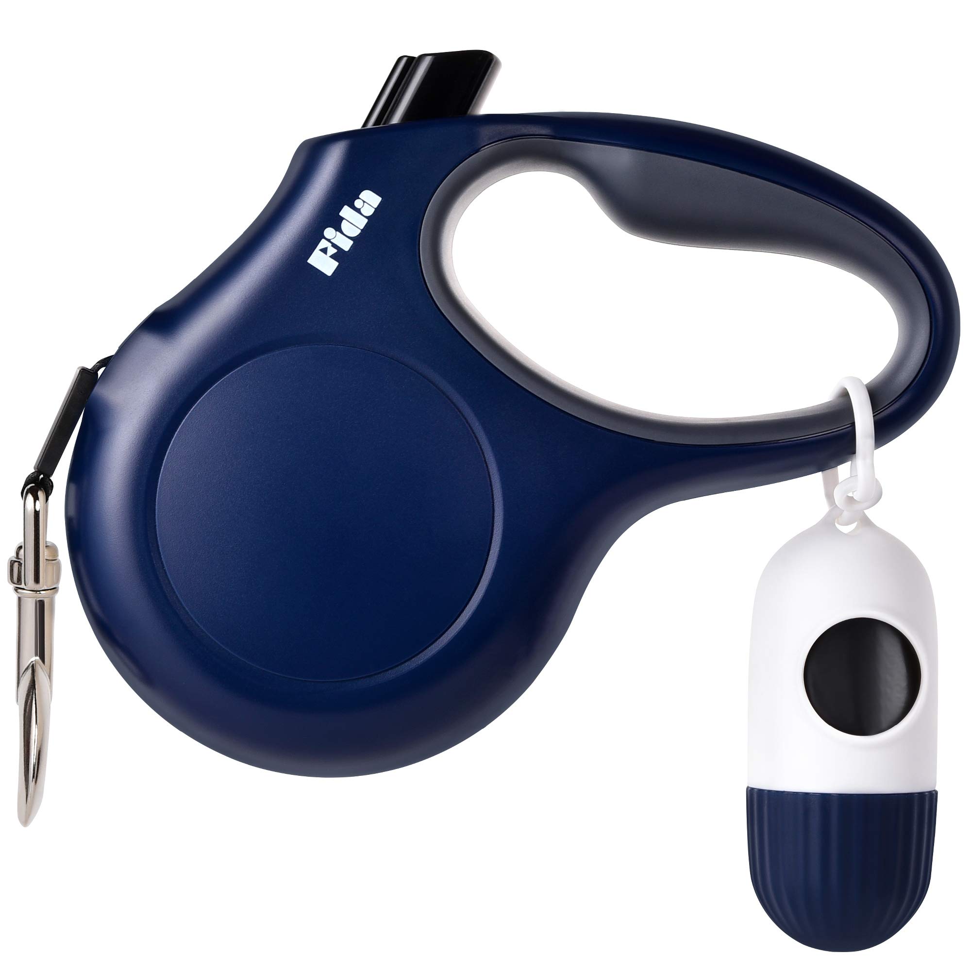 Fida 16ft Retractable Dog Leash with Poop Bag Dispenser - Tangle-Free Nylon Tape Leash for Small Dogs & Cats Under 26lbs, Anti-Slip Handle & Reflective Strips (Navy Blue) - Perfect for Walking, Jogging & Outdoor Adventures