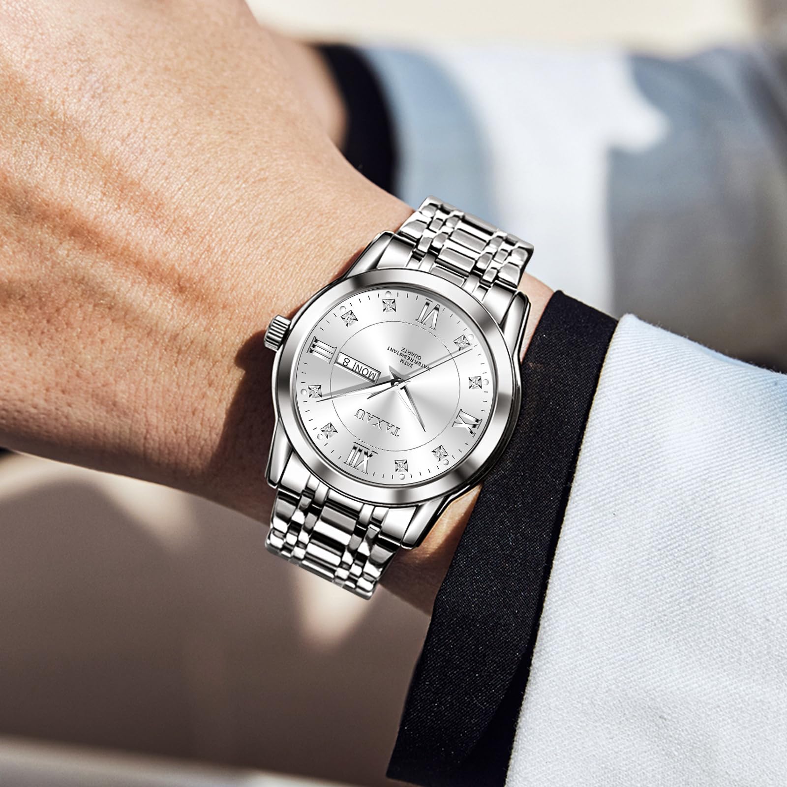 **Luxury Men's Stainless Steel Watch with Diamond Accents - Water Resistant, Big Face, Date Display - Quartz Business Watch for Men (Silver/Black/Grey) - Perfect for Office, Formal Events & Gifts**