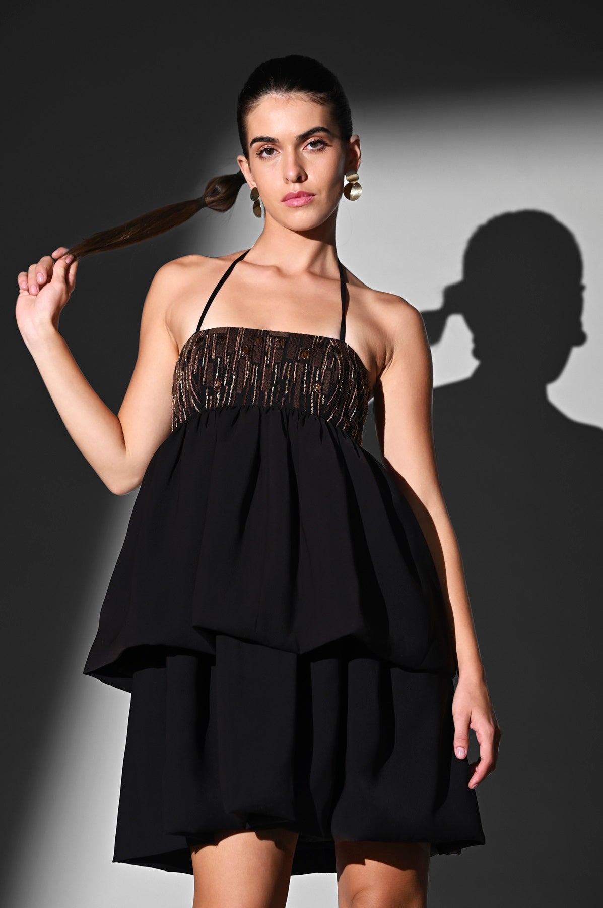 Elegant Brown Tiered Dress with Intricate Threadwork - Perfect for Weddings, Parties & Special Occasions