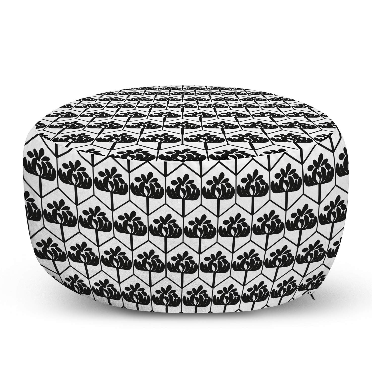 Ambesonne Abstract Ottoman Pouf with Hexagon Leaf Pattern - Soft Foot Rest Stool with Removable Cover - Charcoal Grey & White Home Decor for Living Room, Bedroom, Office - Perfect for Relaxing, Reading & Extra Seating
