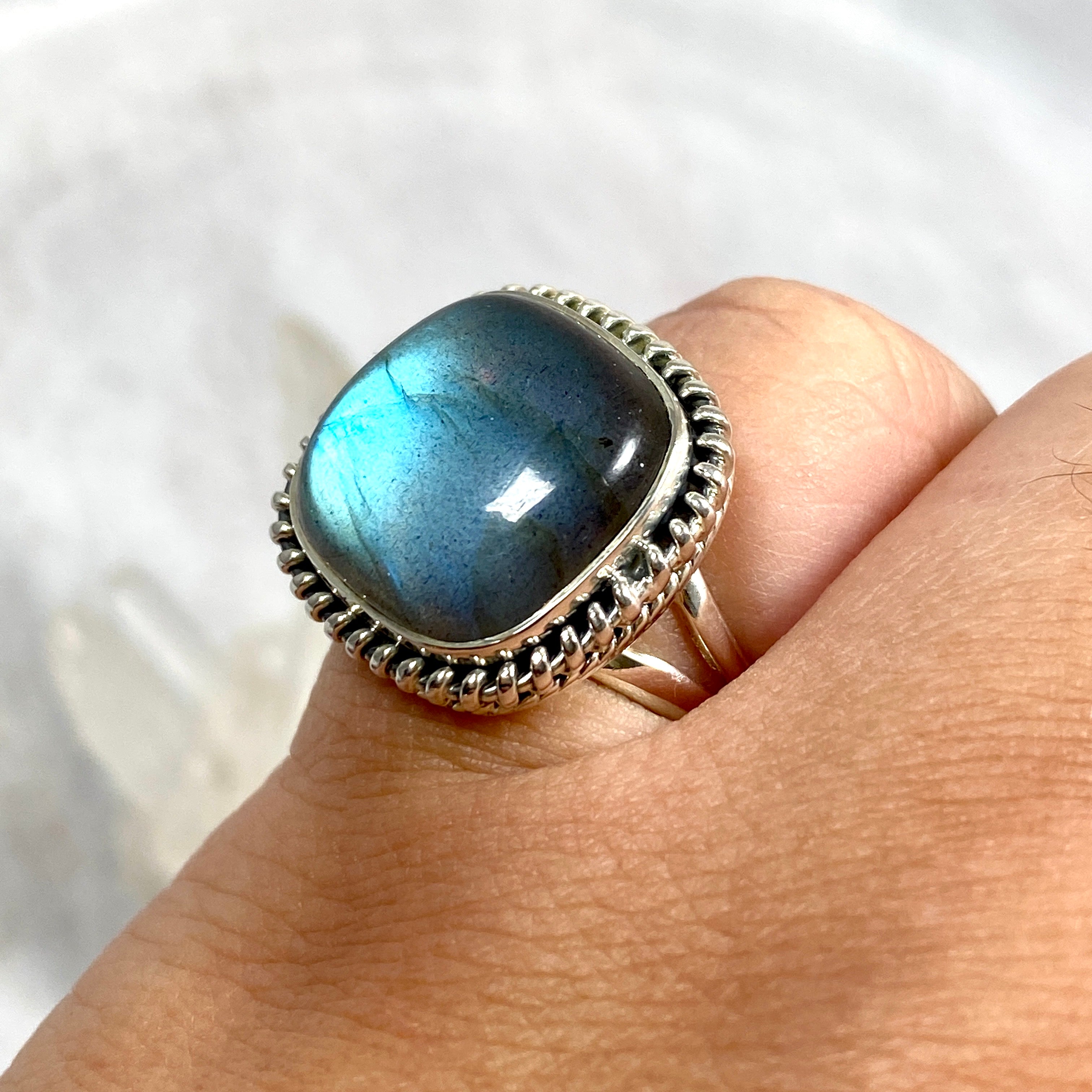 Labradorite Square Cabochon Filigree Ring - Size 9 - KRGJ2738 - Elegant Handmade Jewelry for Women, Perfect for Weddings, Parties & Special Occasions