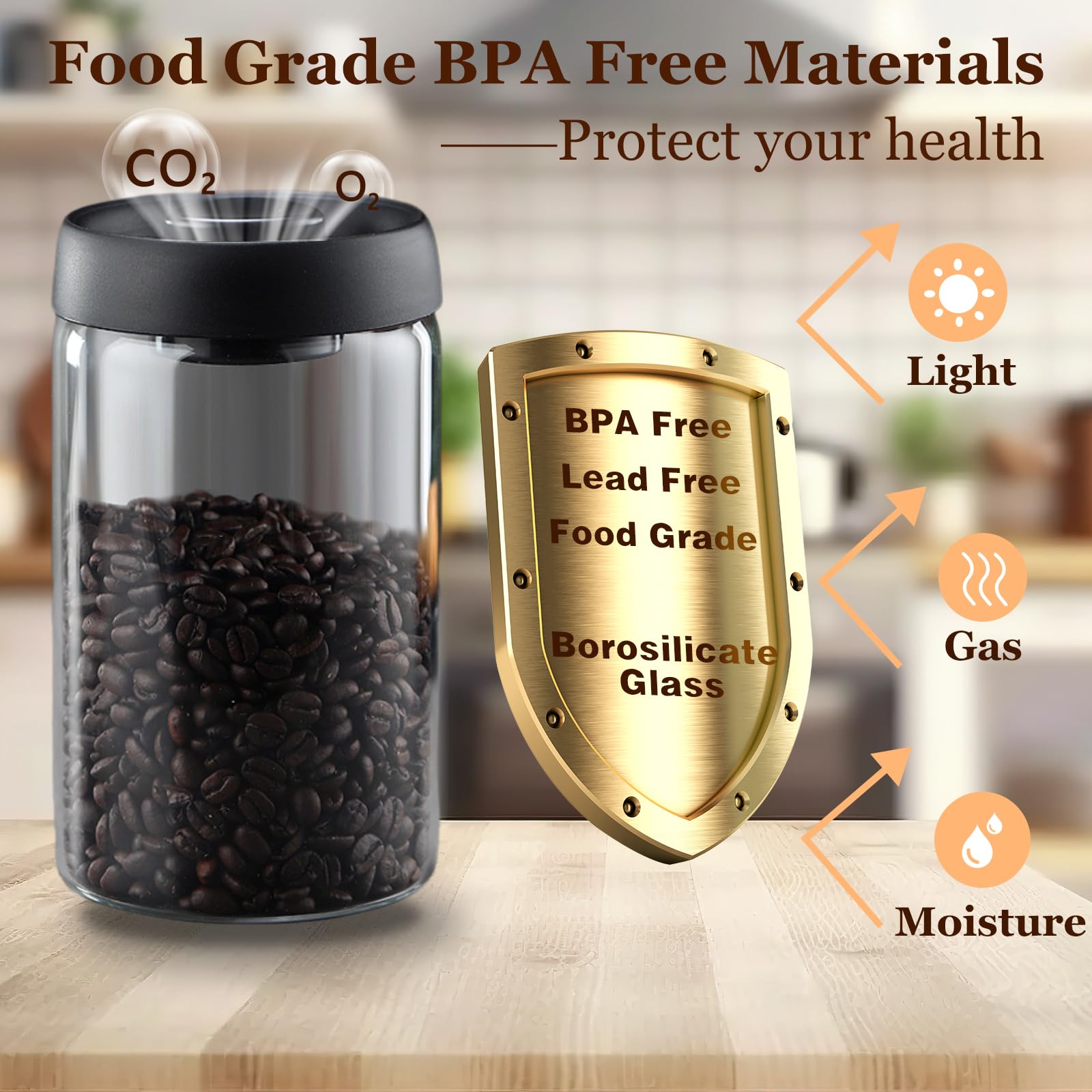 Vacuum Coffee Canister 40oz - Grey Glass Storage for Coffee Beans, Tea & Spices - Perfect for Kitchen & Pantry Organization