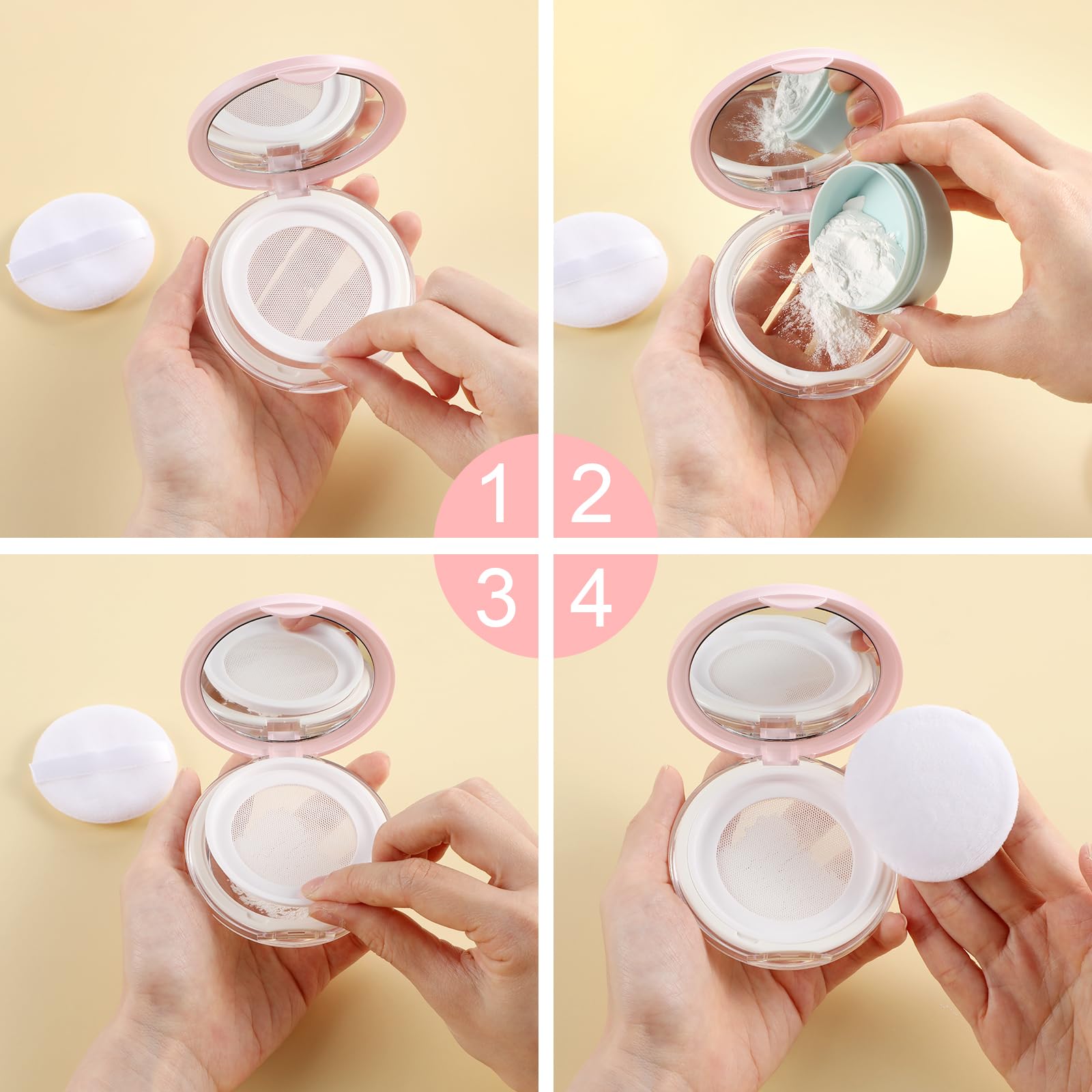 2Pcs Refillable Loose Powder Compact with Mirror & Puff - 0.17 oz Portable Empty Makeup Powder Case for Travel, Touch-ups & On-the-Go Beauty | Perfect for Loose Powder, Mineral Makeup & Face Powder Storage