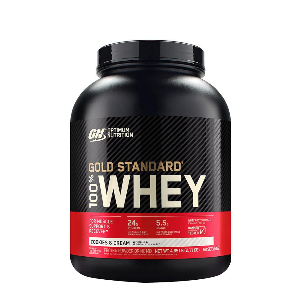 Optimum Nutrition Gold Standard 100% Whey Protein Powder - Cookies & Cream Flavor (5lbs, 68 Servings) for Muscle Recovery & Post-Workout Nutrition