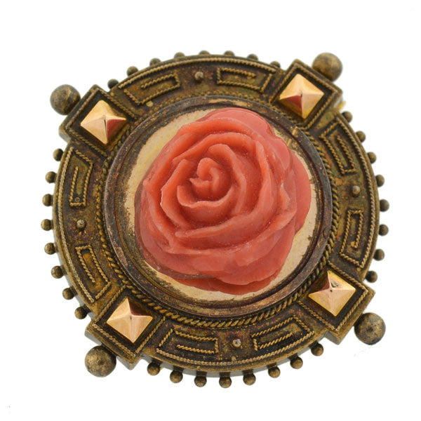 18K Gold Victorian Style Carved Coral Rose Earrings & Brooch Pendant Set – Elegant Antique Jewelry for Weddings, Parties & Special Occasions