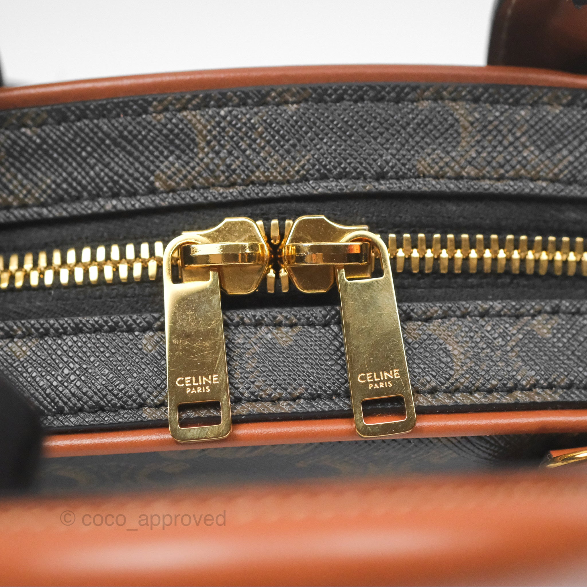 Celine Mini Bowling Bag in Triomphe Canvas & Tan Calfskin Leather - Stylish Crossbody Purse for Women, Perfect for Work, Travel & Everyday Use