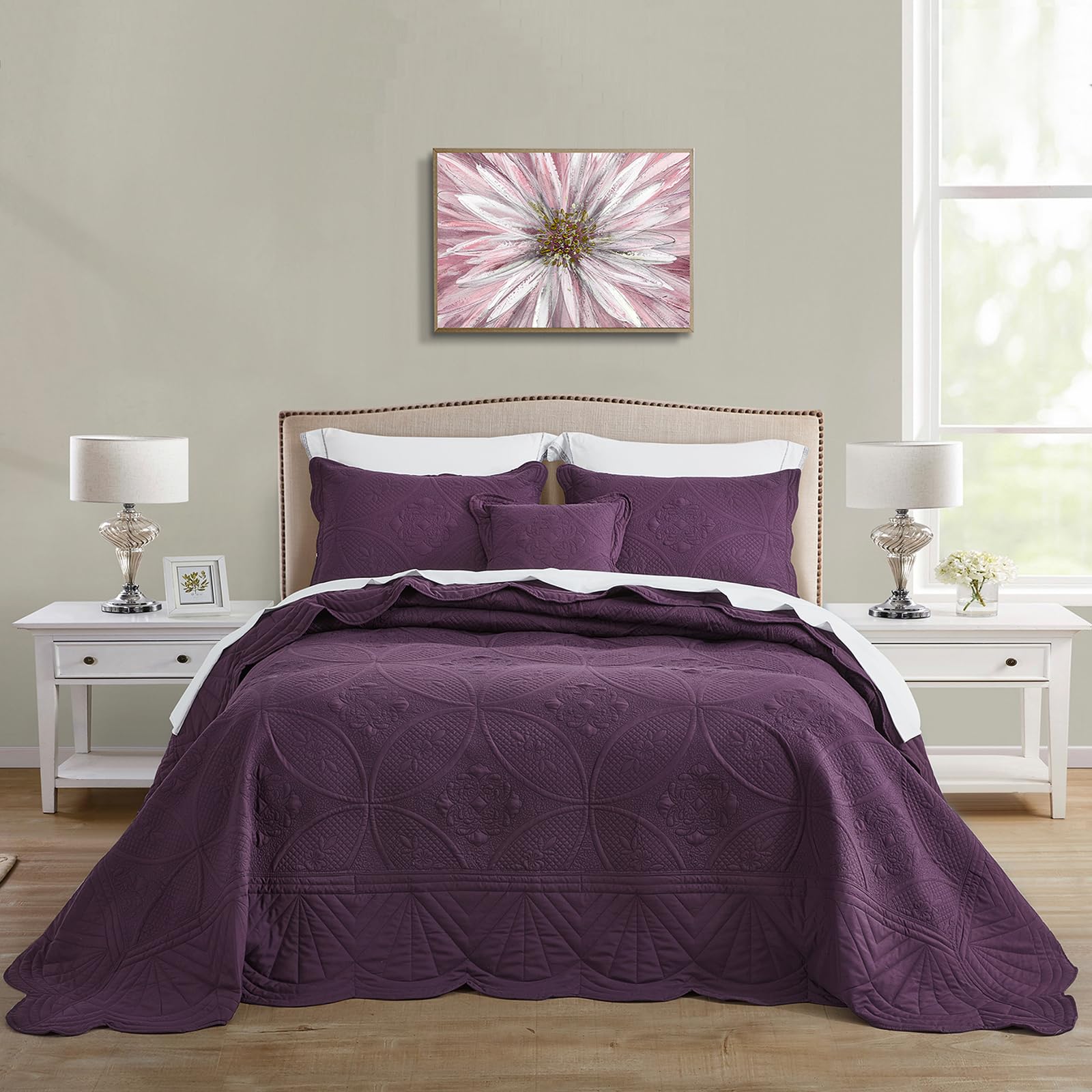 Oversized Queen Size Bedspread Set - Modern Reversible Lightweight Coverlet with Real Stitching | 5-Piece Purple Bedding Set for Master Bedroom, Guest Room & Dorm Decor