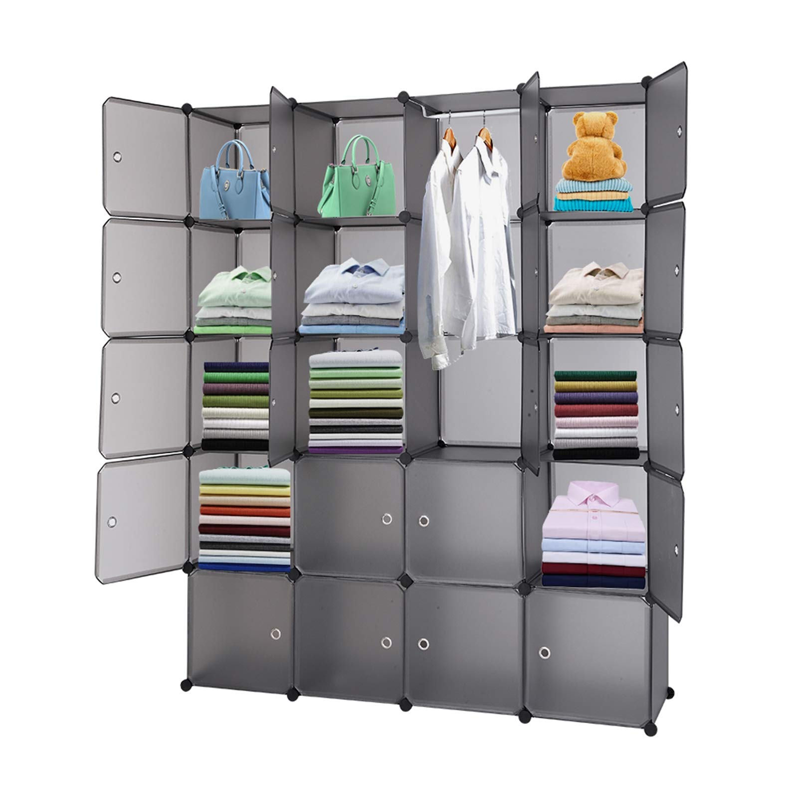 Portable Modular Wardrobe Closet with Hanging Section - 20-Cube Plastic Storage Cabinet with Doors, DIY Bookshelf Organizer for Clothes & Accessories - Space-Saving Closet Solution for Bedroom, Living Room & Dorm - Gray