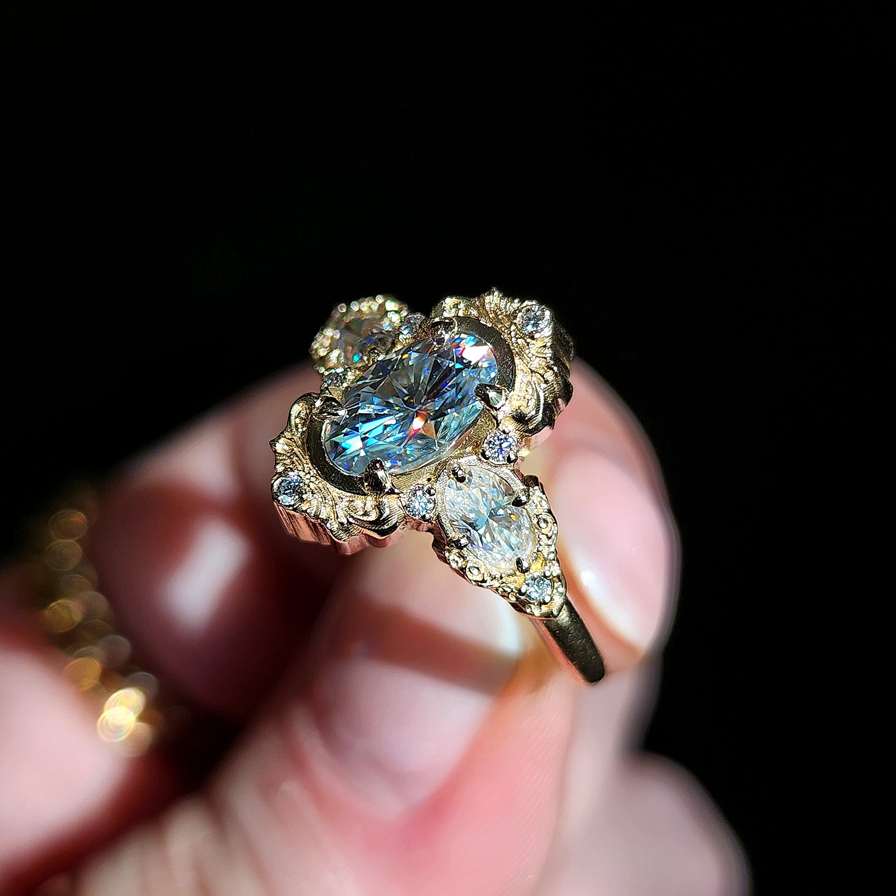 Handcrafted 14K Gold Josephine Oval Engagement Ring with Oval Side Stones & Gold Scrolls – Elegant Fantasy Jewelry for Weddings, Proposals & Special Occasions