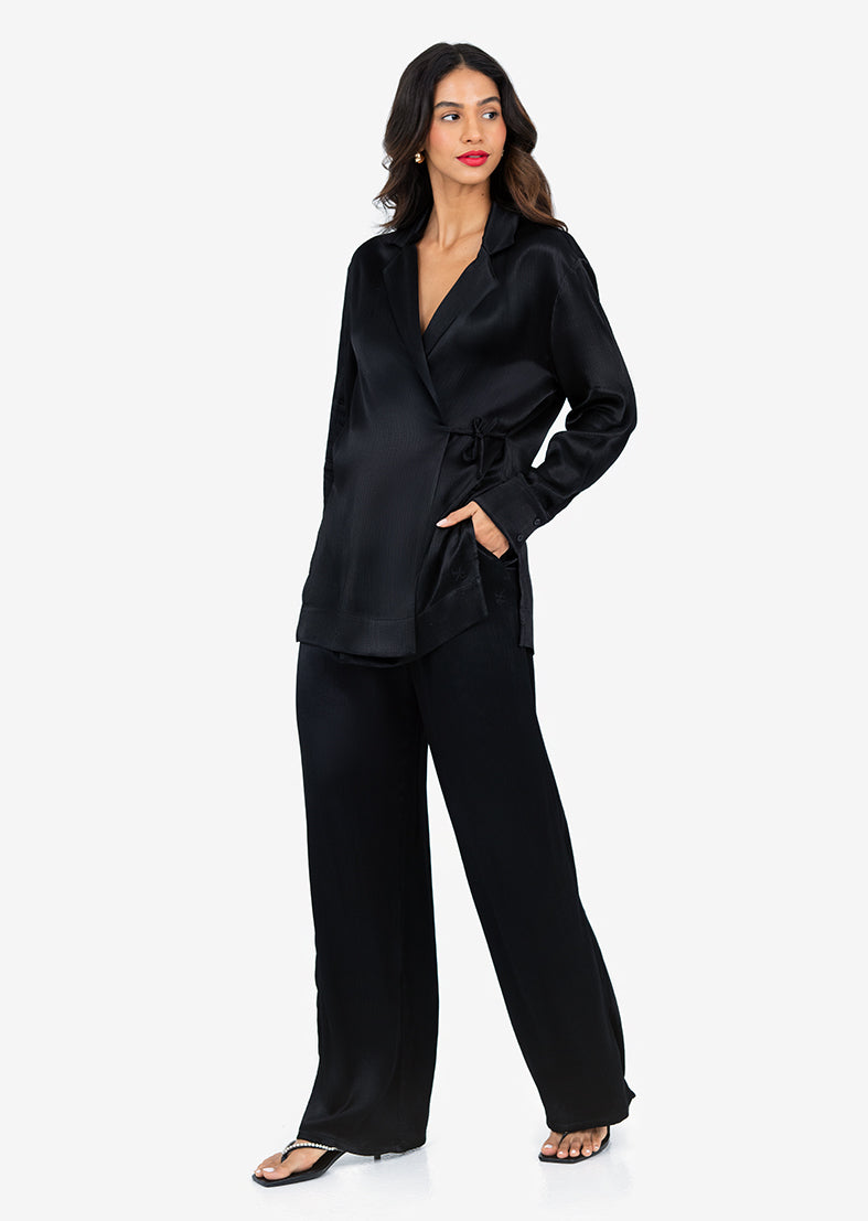 Shiny Black Plisse Side Tie Jacket for Women - Stylish Outerwear for Casual Outings, Date Nights & Office Wear
