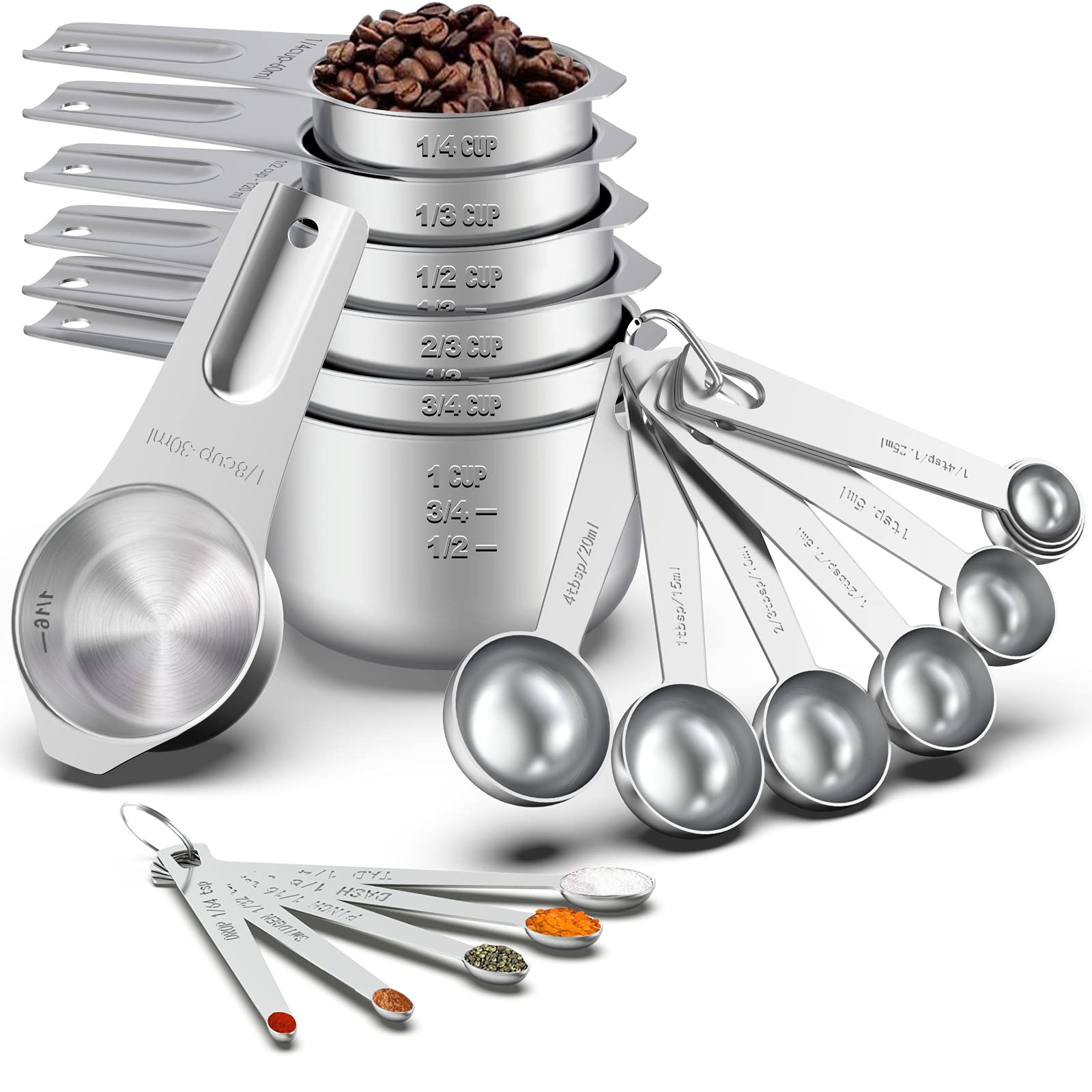 21-Piece Stainless Steel Measuring Cups and Spoons Set - Stackable Metal Measuring Cups & Spoons for Cooking, Baking, Kitchen - Includes 7 Cups, 9 Spoons, 5 Mini Spoons - Perfect for Home Chefs, Bakers & Meal Prep