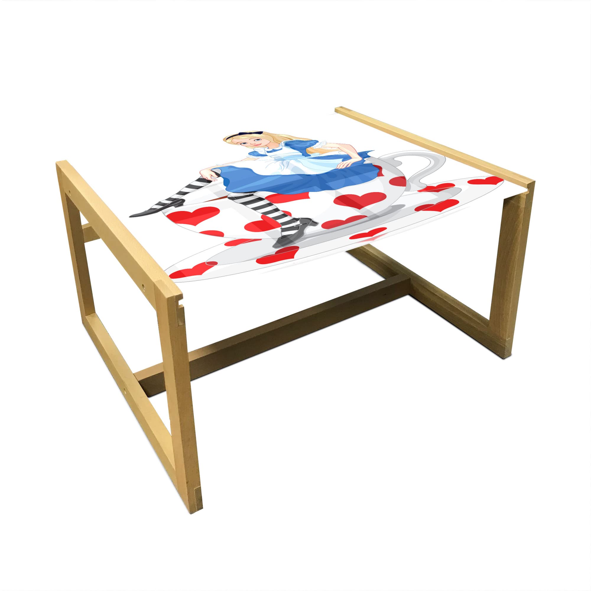 Ambesonne Alice in Wonderland Coffee Table - Fantasy Tale Design with Girl Sitting on Tea Cup Heart Shape, Acrylic Glass Top & Wooden Frame - Perfect for Living Rooms, Offices & Dorms - Medium Size in Blue Vermilion White