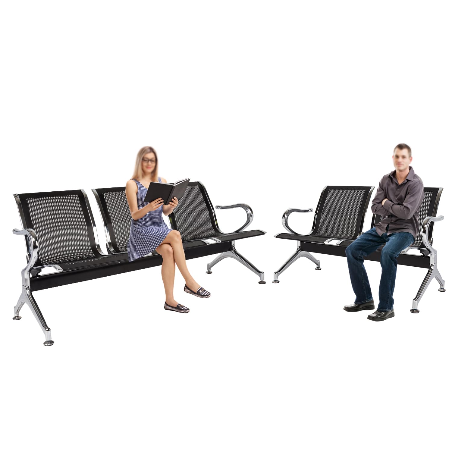 Kinfant 5-Seat Waiting Room Sofa Set - Office Reception Chairs with Armrests for Airport, Hospital, Bank & Lobby - Breathable Mesh Back & Durable Frame (Black) - Perfect for Commercial Spaces & Public Areas