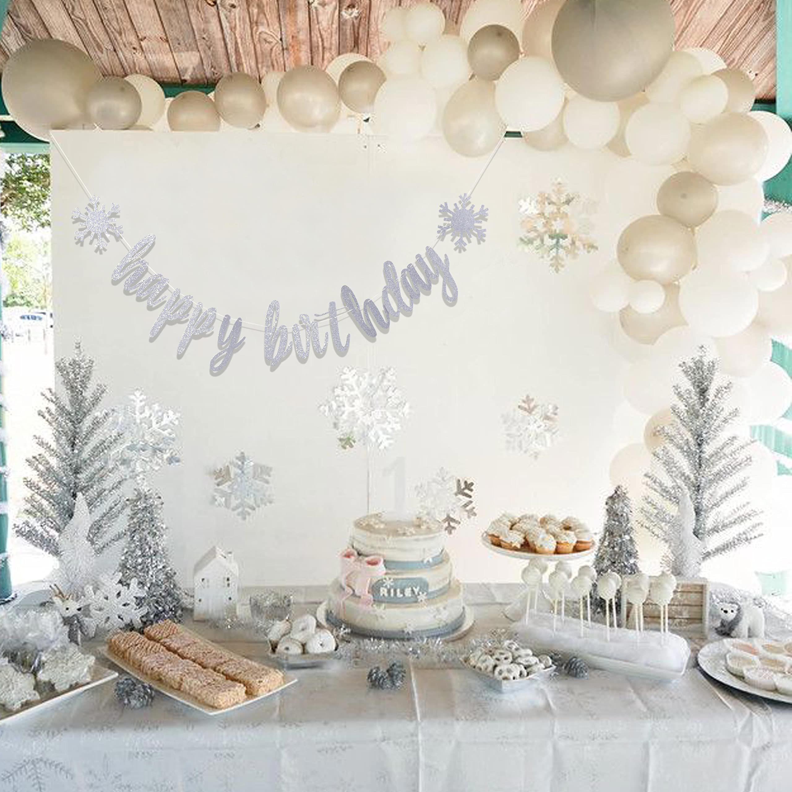 Silver Happy Birthday Banner - Snowflake Birthday Party Decoration, Glitter Bunting for Winter Wonderland Theme, Snowflake Garland for Birthday & Holiday Celebrations | Perfect for Winter Parties, Christmas Decor, and New Year Events