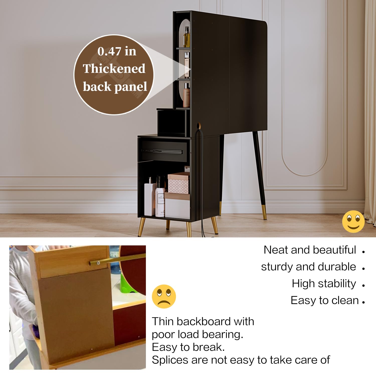 Modern Vanity Desk with Mirror & LED Lights - 3-Drawer Makeup Table with Power Outlet, High Capacity Storage - Perfect for Bedroom, Dressing Room & Home Office (Black)
