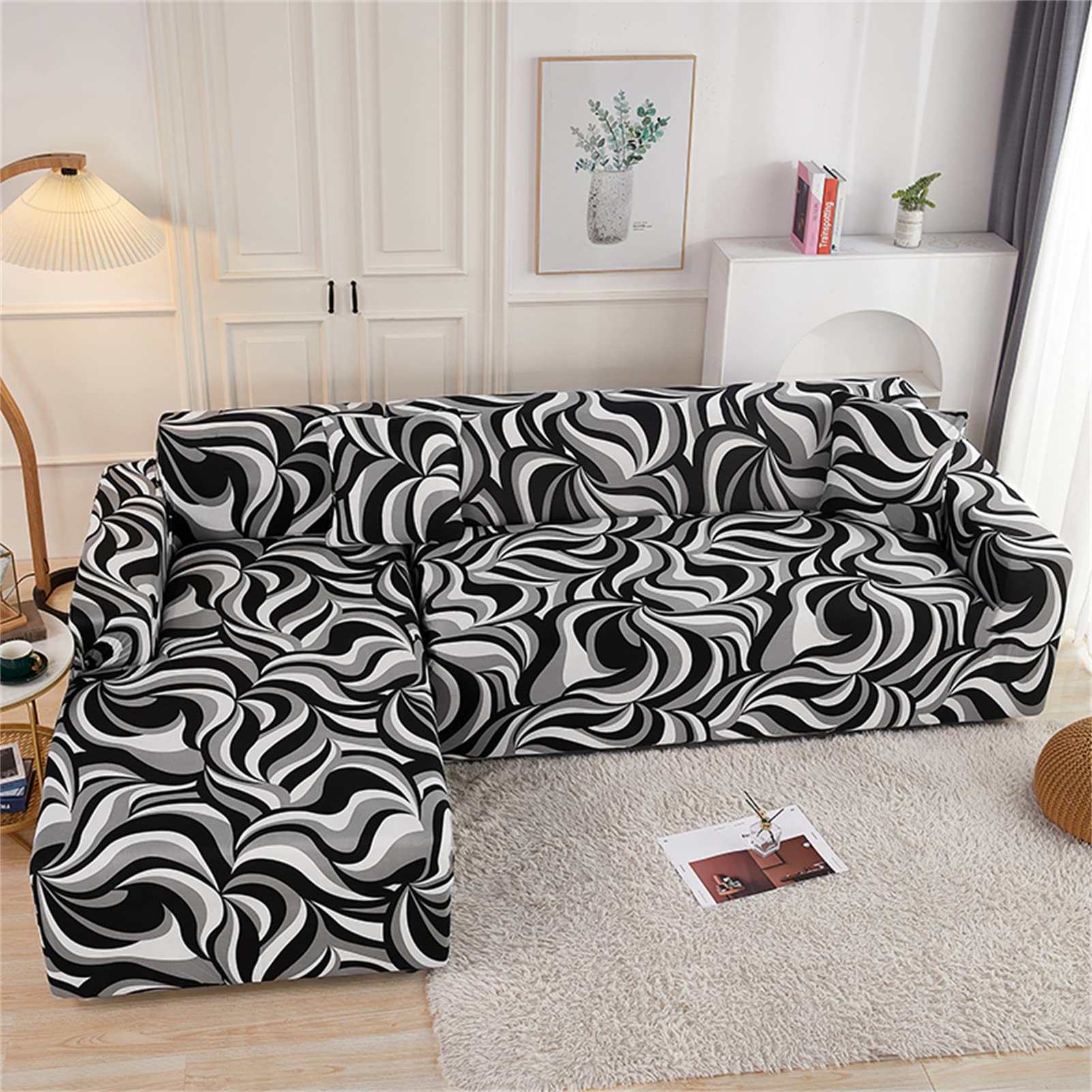 Stretchable Elastic Sofa Cover Slipcover - Retractable L-Shaped Couch Protector with Floral Pattern (Fits 190-230cm) - Perfect for Living Room, Home Decor & Pet Protection