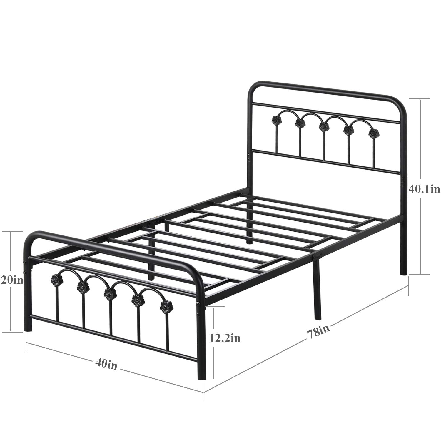 VECELO Twin Size Victorian Style Metal Bed Frame with Headboard - Classic Dark Black Platform Bed with Footboard & Under Bed Storage - No Box Spring Needed - Perfect for Guest Rooms, Kids Rooms & Small Spaces