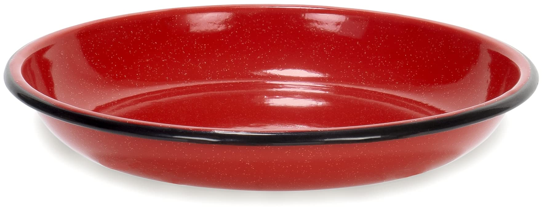 Red Co. Set of 4 Enamelware Metal 10” Round Camping Plates - Speckled White with Red/Black Rim | Durable Outdoor Dinnerware for Picnics, BBQs & Camping Trips