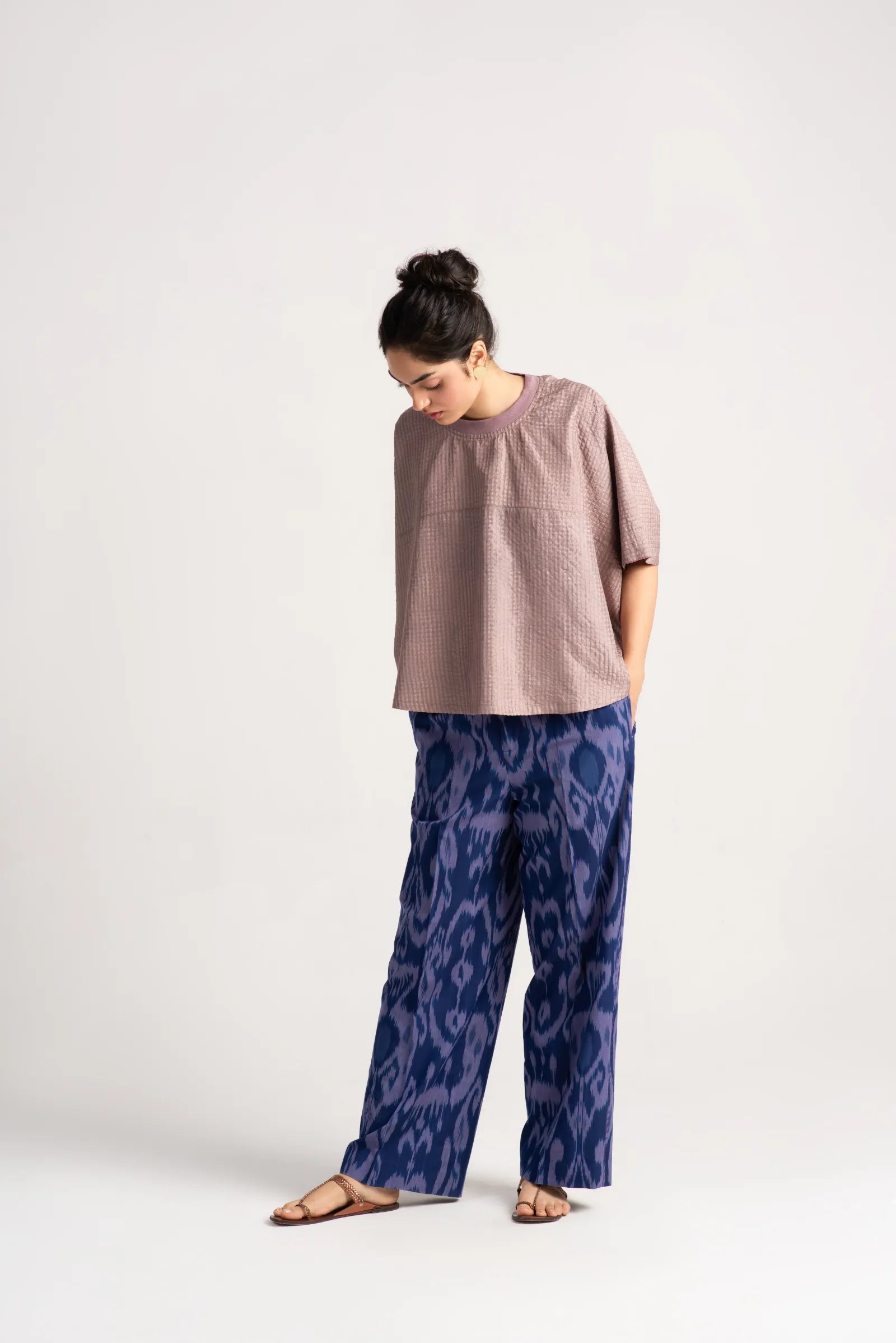 Chandrika Women's Cotton Ikat Print Trousers - Comfortable Indigo Blue Pants for Casual Wear, Yoga & Travel