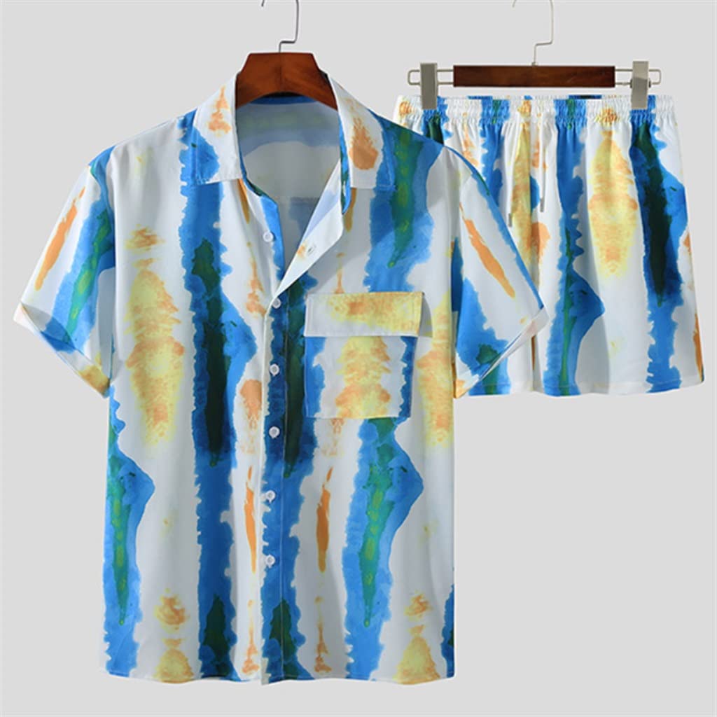 Men's Casual Beach Summer Print Short Sleeve & Shorts Two-Piece Set - Lightweight Comfort Outfit for Vacation, Pool Party, and Outdoor Activities (Color A, Size L)