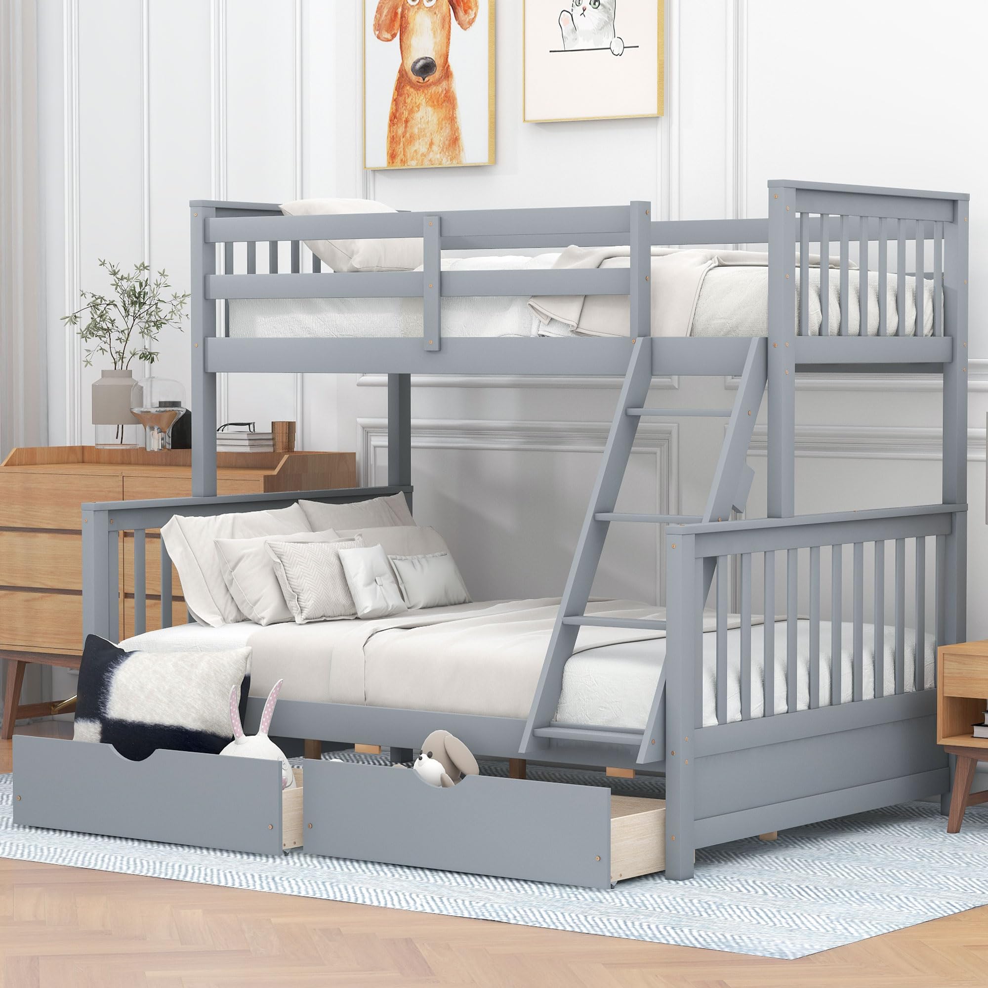 Merax Convertible Wood Bunk Bed with Ladders & Storage Drawers - Twin Over Full Size, Solid Wood Detachable Frame, Grey - Perfect for Kids' Bedroom, Guest Room & Space-Saving Solutions