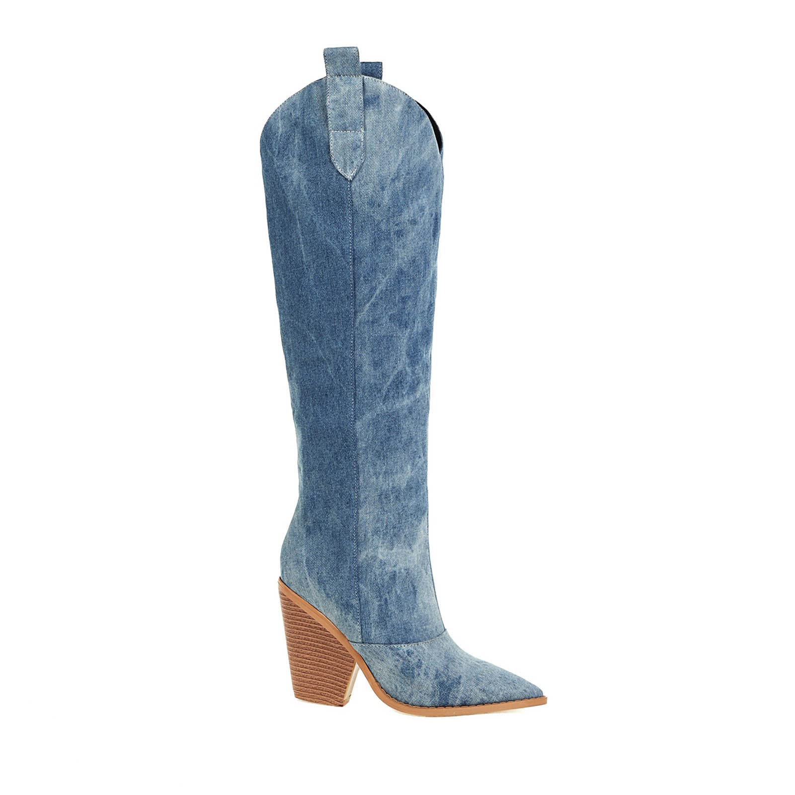 Women's Knee High Denim Boots - Pointed Toe Chunky Heel Slip On Boots for Fall | Comfortable Casual Square High Heel Shoes for Women | Perfect for Office, Dating & Night Out